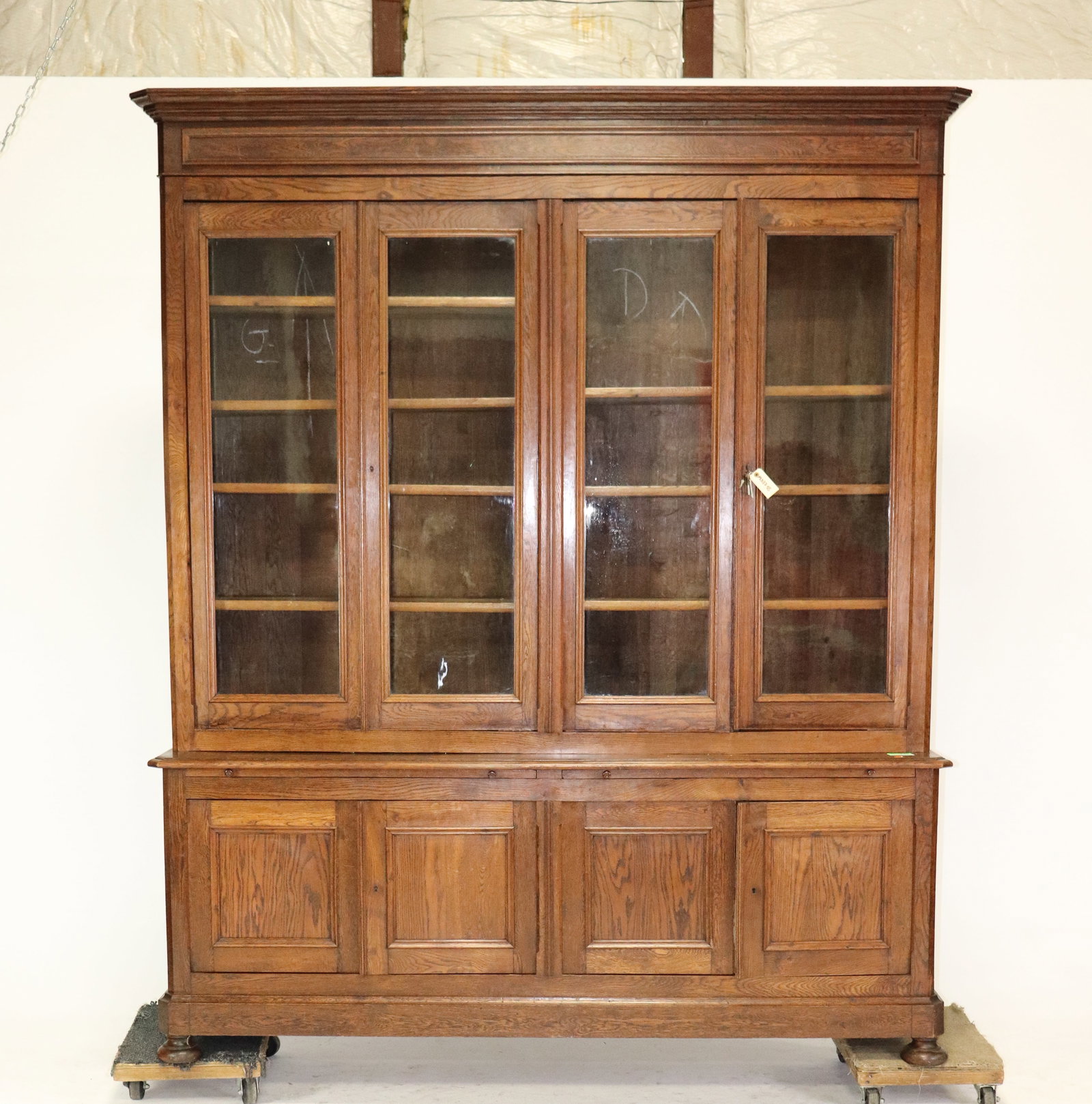 French Monumental Oak Bookcase / Cupboard: French Monumental Oak Bookcase / Cupboard - 104 in tall x 88.5 x 21