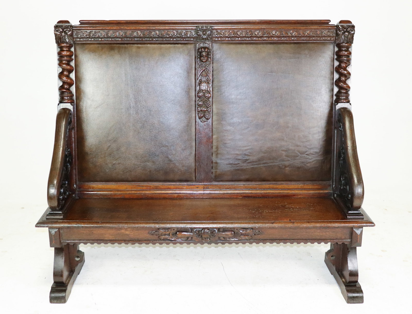 Renaissance Style Oak Hall Bench With Leather Panel (1 of 7)