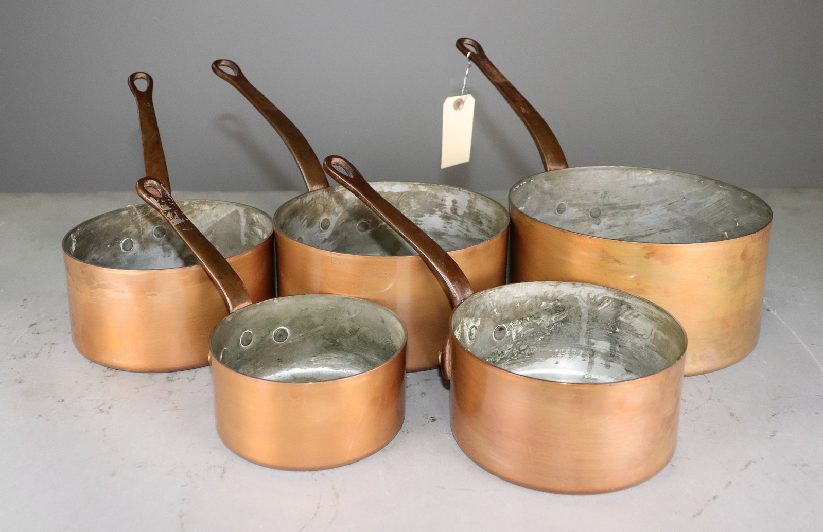 Set of 5 French Graduated Copper Sauce Pans #2: Set of 5 French Graduated Copper Sauce Pans #2 - 8 in tall x 8 x 16.5