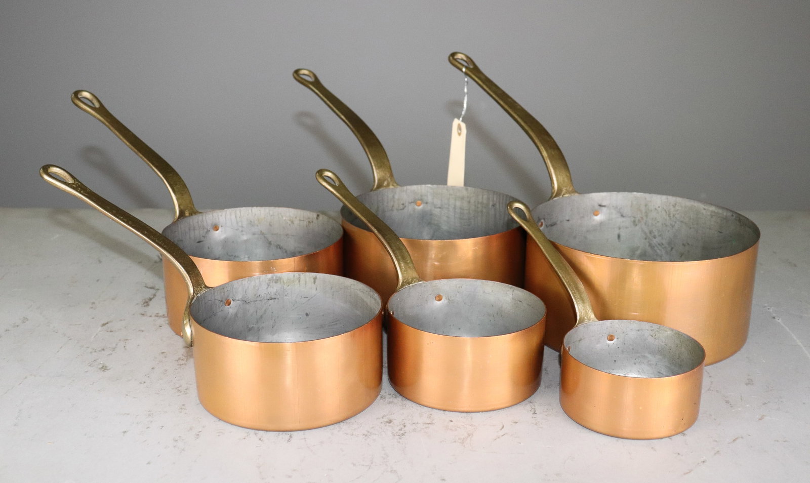 Set of 6 French Graduated Copper Sauce Pans: Set of 6 French Graduated Copper Sauce Pans - 8.5 in tall x 8 x 16.75
