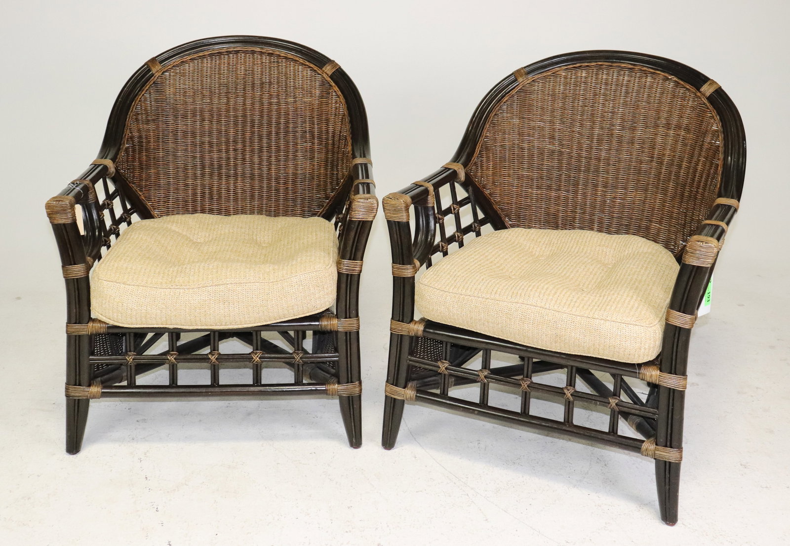 2 Vintage Rattan Club Arm Chairs: 2 Vintage Rattan Club Arm Chairs - 36 in tall x 29 x 34, seat height is 18
