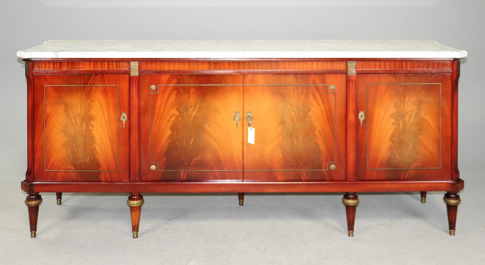 Louis XVI Style White Marble Top Mahogany Sideboard: French Louis XVI Style White Marble Top Mahogany Sideboard / Enfilade - 38.5 in tall x 91 x 21.5