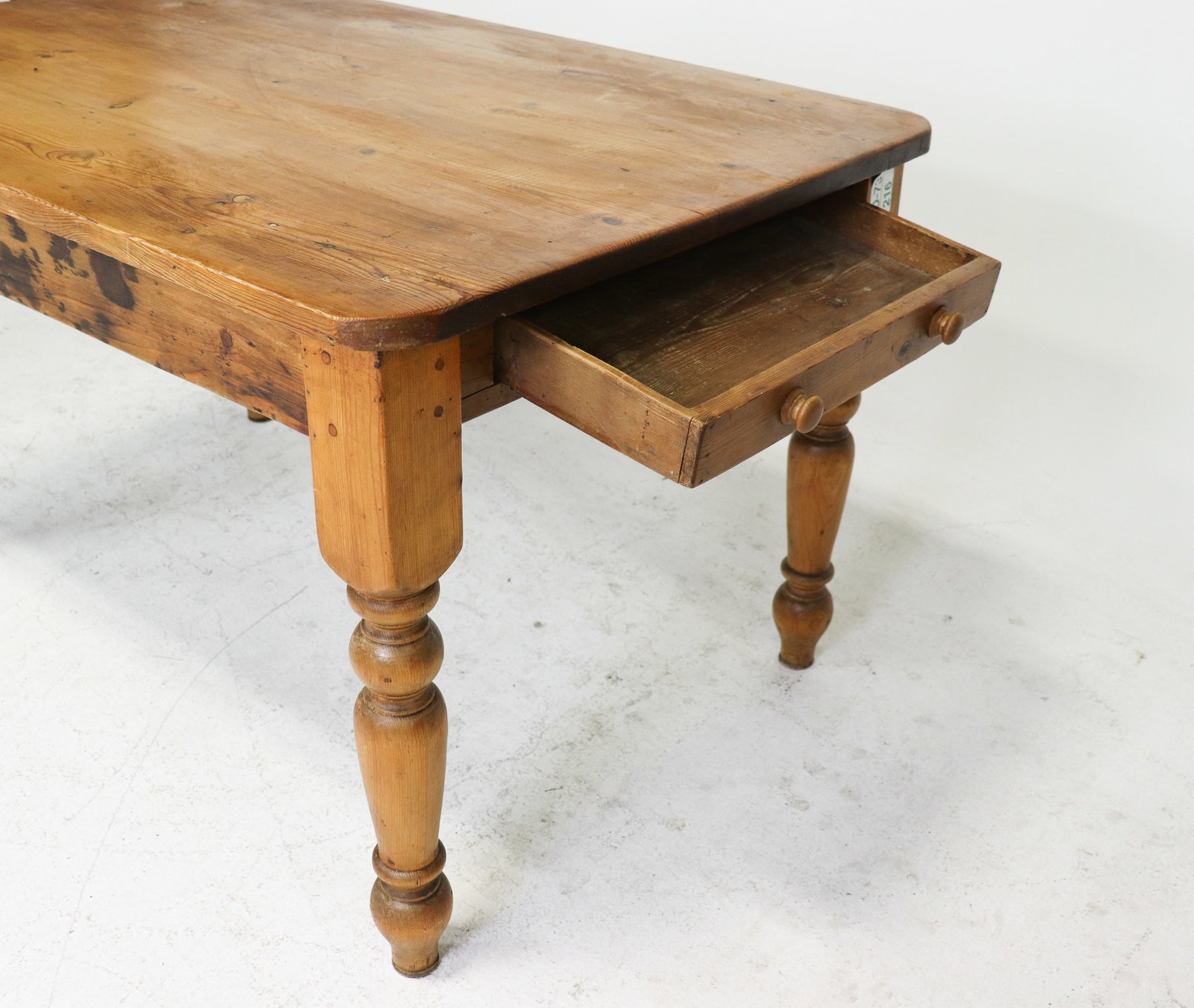 British Pine Turned Leg Table With Drawer - 3