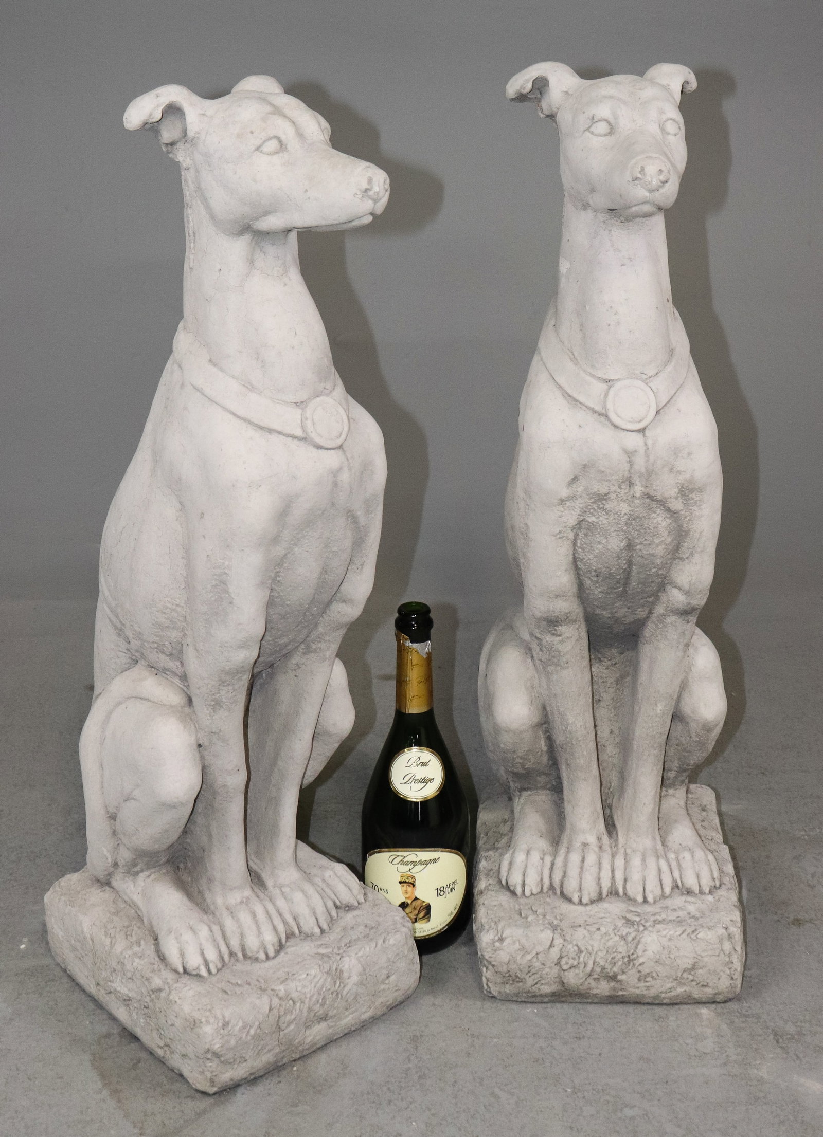 Pair Of Cast Stone / Concrete Greyhounds: Pair Of Cast Stone / Concrete Greyhounds - 31 in tall x 12 x 8