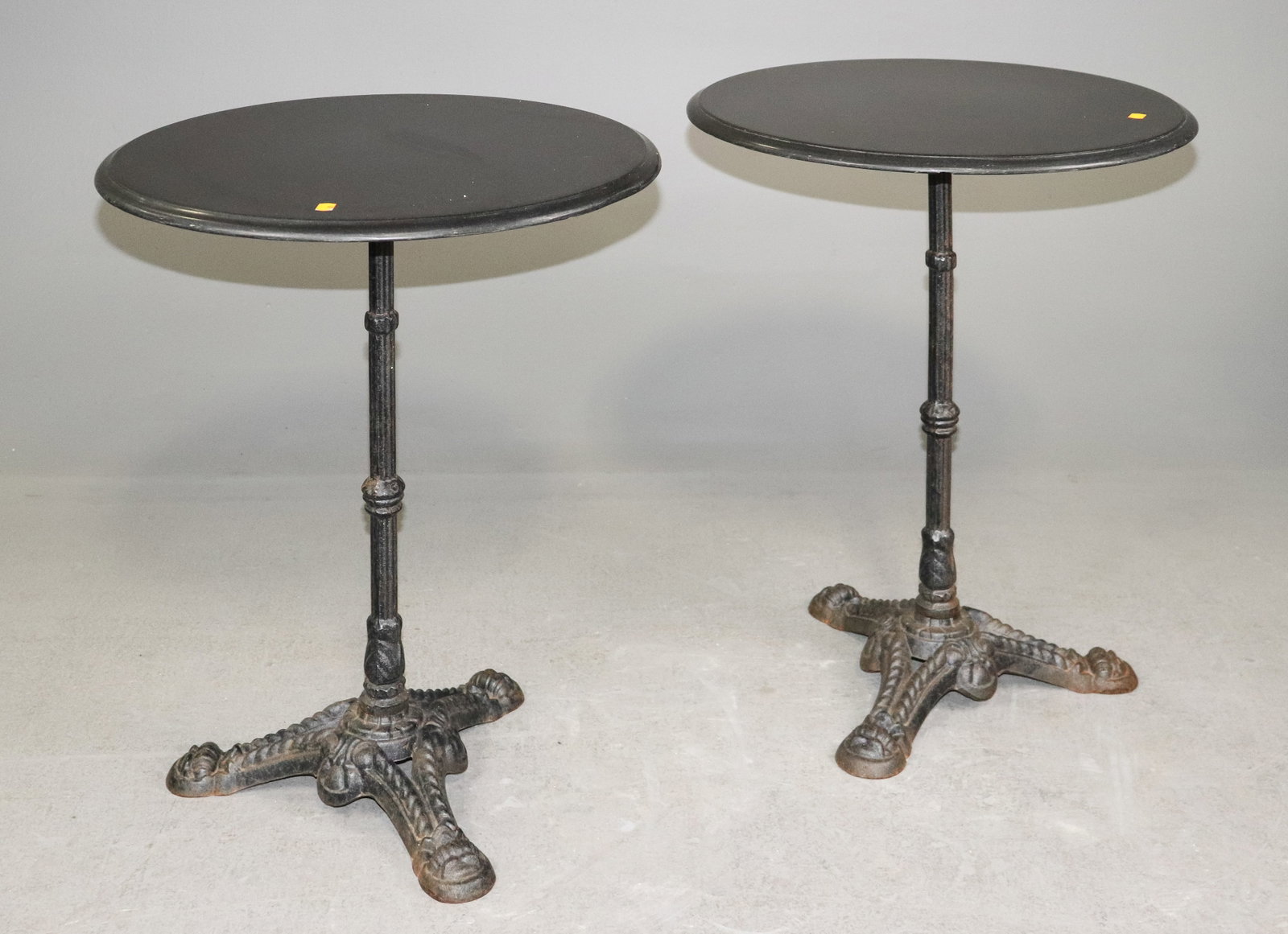 2 French Iron Base Pub / Bistro Tables: 2 French Iron Base Pub / Bistro Tables - 28 in tall x 24 in diameter