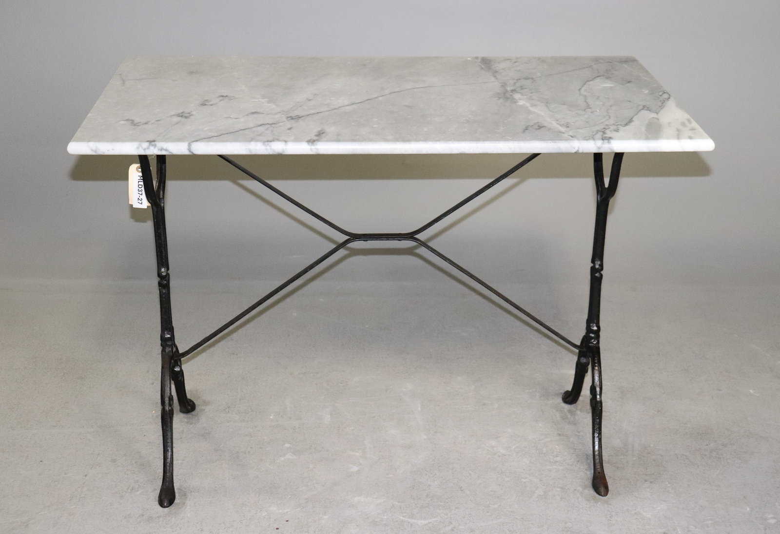 French Grey Marble Top Iron Base Bistro Table: French Grey Marble Top Iron Base Bistro Table - 28 in tall x 29.5 x 24