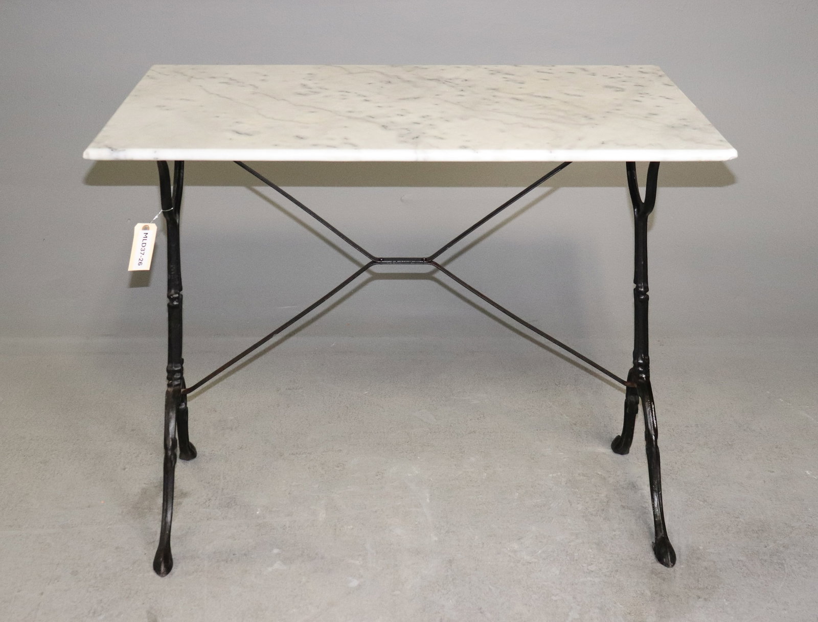 French White Marble Top Iron Base Bistro Table: French White Marble Top Iron Base Bistro Table - 29 in tall x 39.5 x 24