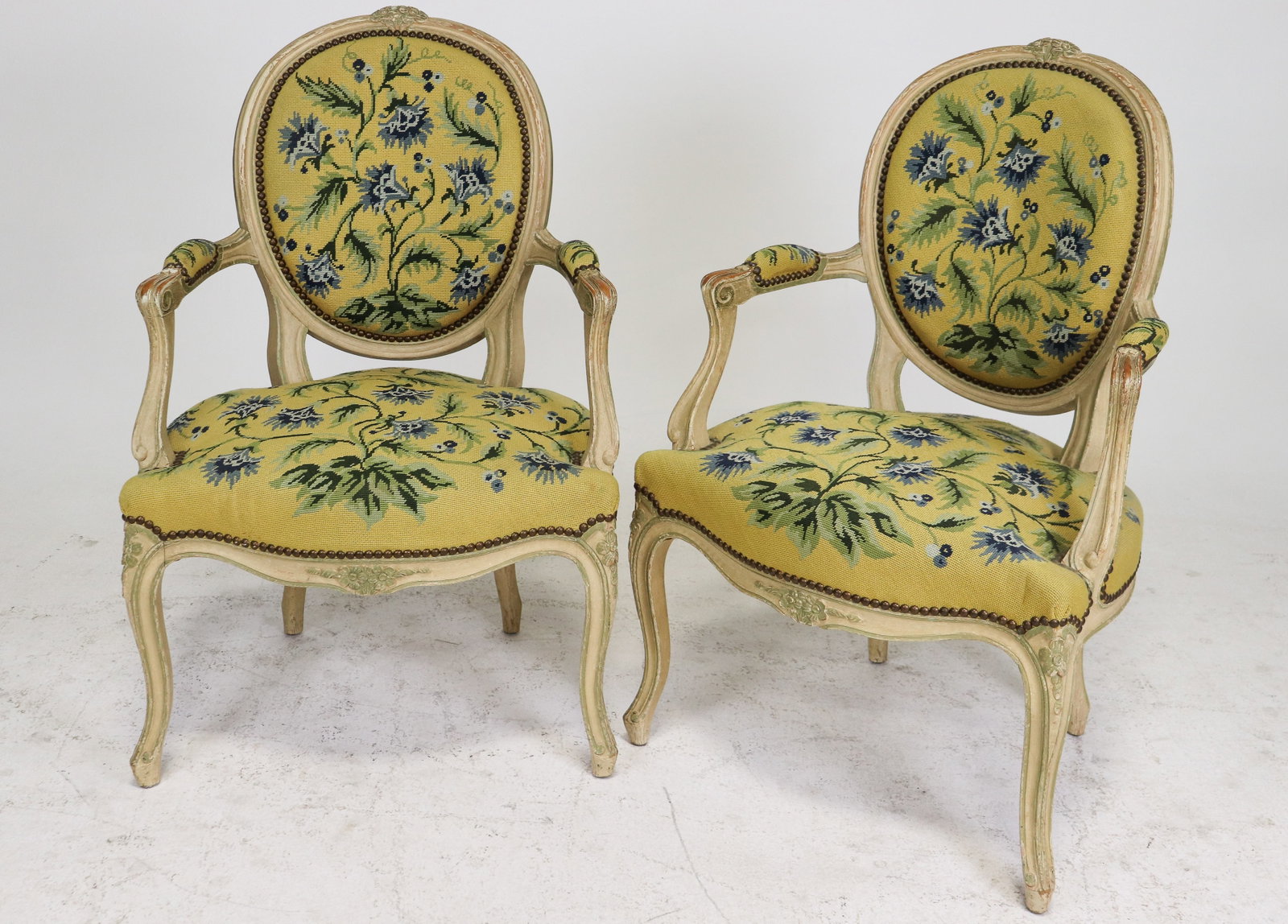 Pair Of Louis XV Style Painted Upholstered Arm Chairs: Pair Of French Louis XV Style Painted Upholstered Arm Chairs - 35.5 in tall x 24 x 24, seat height is 17 in