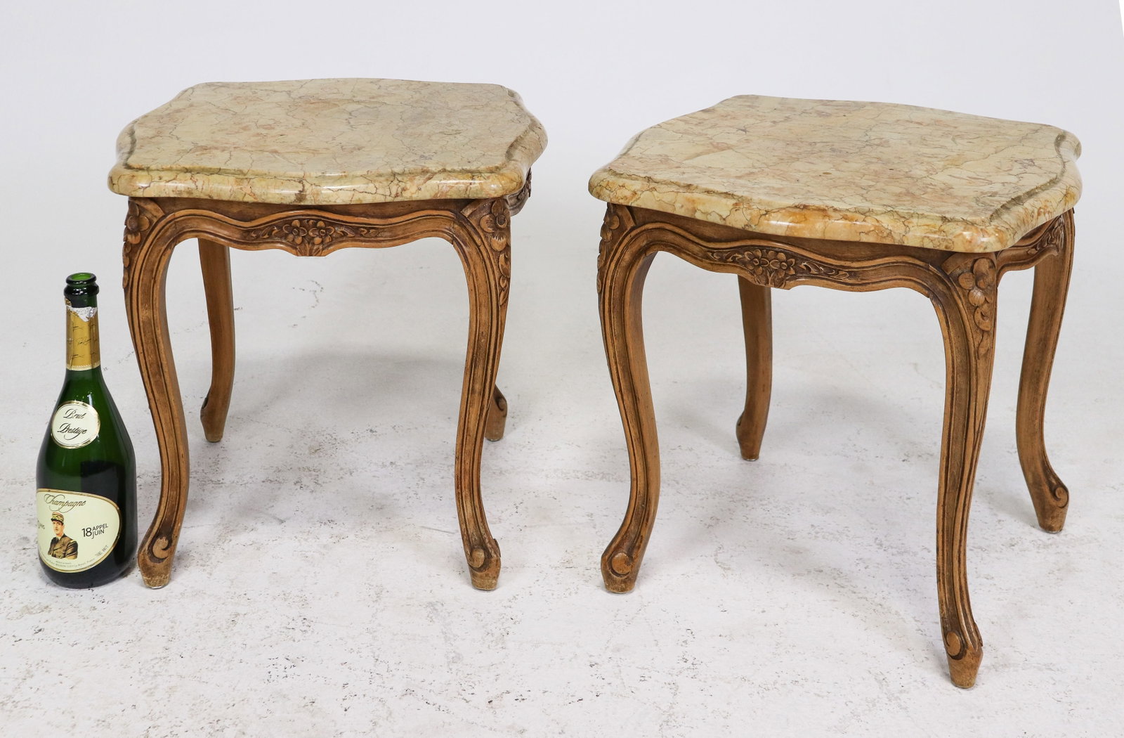 2 Small Louis XVI Style Marble Top Side Tables: 2 Small French Louis XVI Style Marble Top Side Tables - 17 in tall x 17.5 x 17.5