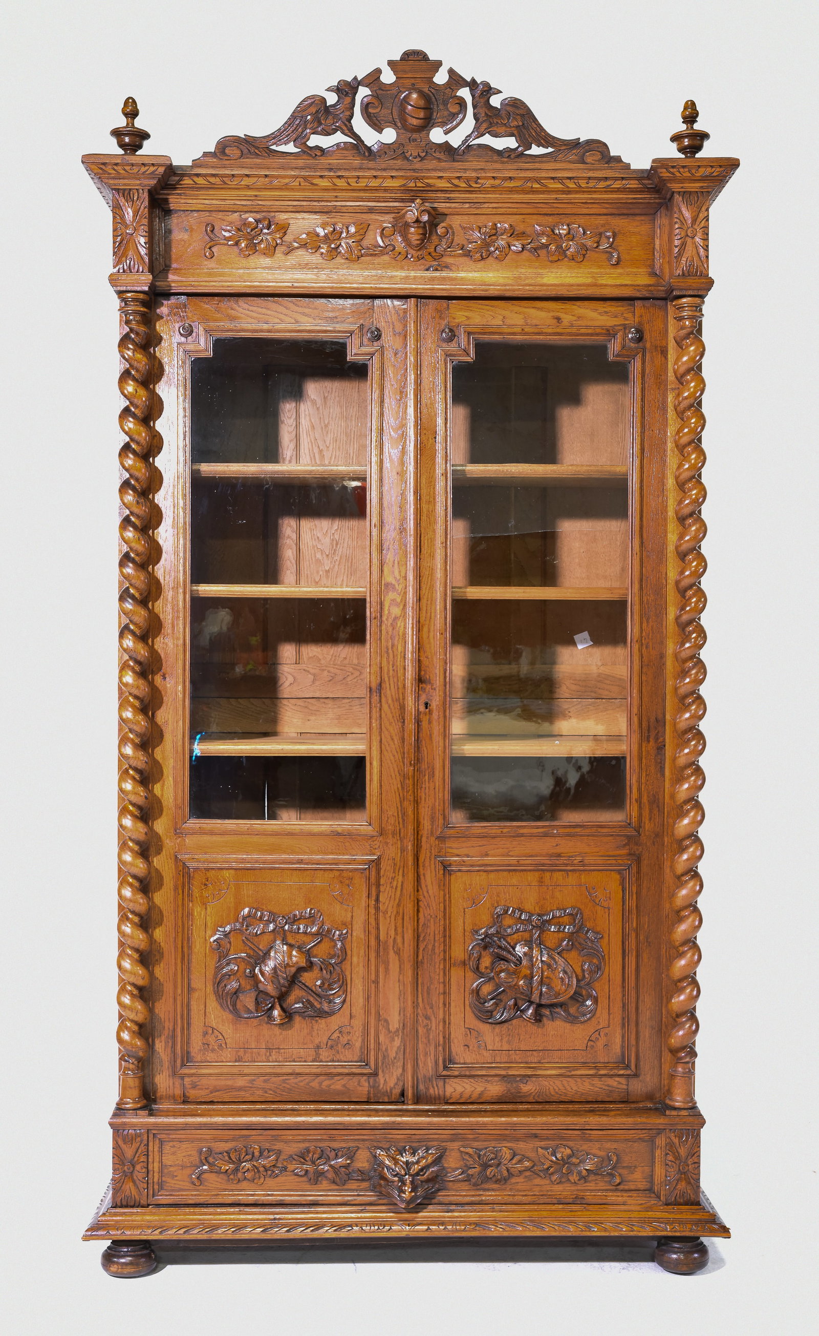 Louis XIII Style French Twist Carved Bookcase: French Louis XIII Style French Twist Carved Bookcase / Cupboard - 92 in tall x 50 x 21