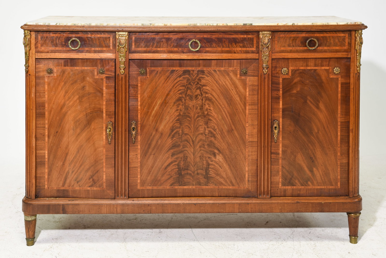 Louis XVI Style Inset Marble Top Sideboard: French Louis XVI Style Inset Marble Top Three Door Sideboard / Enfilade - 40.5 in tall x 62.5 x 21