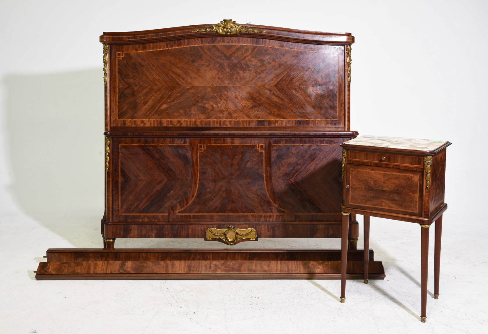 Louis XVI Style Bed with Rails & Nightstand: French Louis XVI Style Bed with Rails & Marble Top Nightstand - Headboard is 58.5 in tall x 61.5 x 3, Rails are 77.25 inches long each, Nightstand is 32.75 in tall x 18.75 x 14.75 - This bed is a