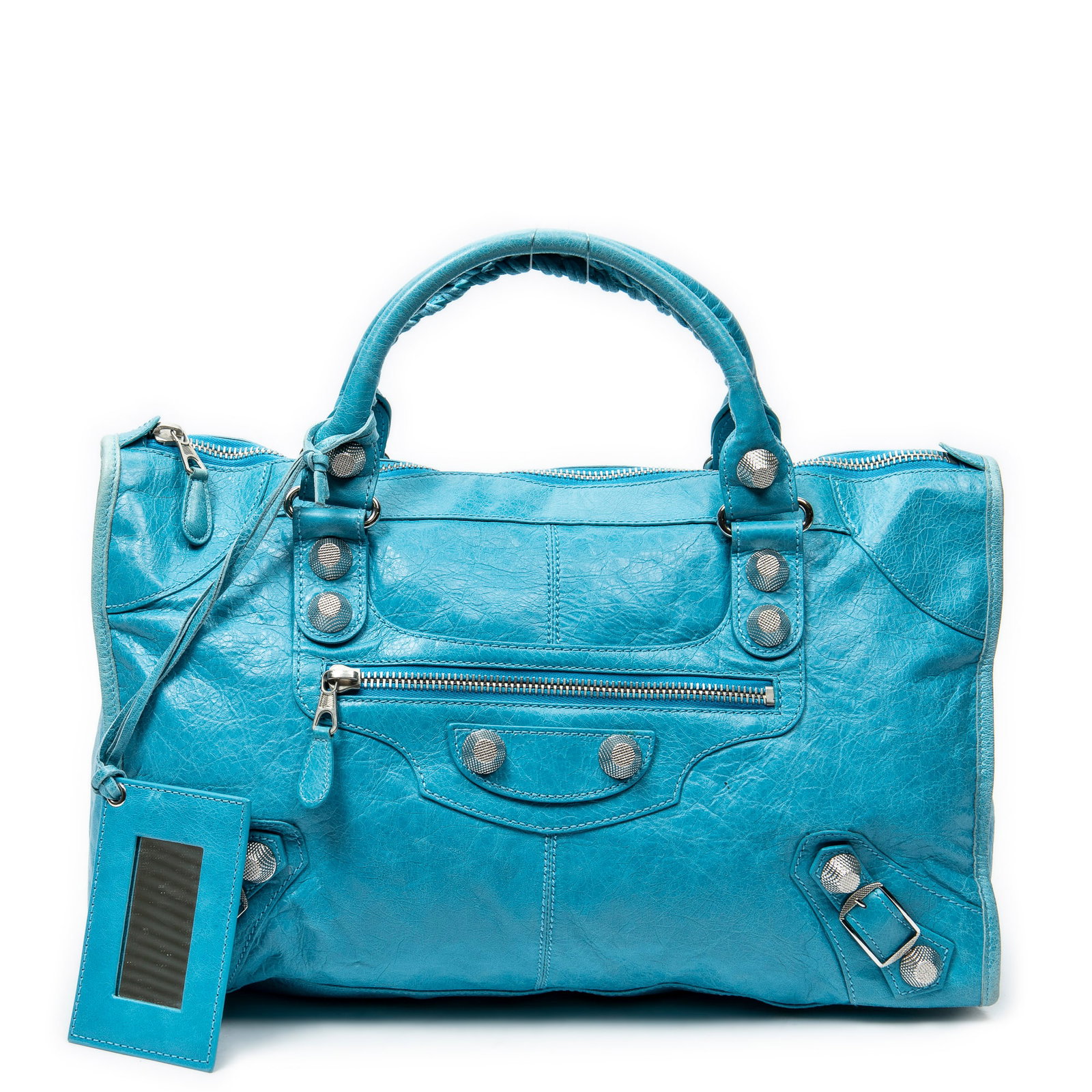 Balenciaga Giant 21 Work in Teal Distressed Calfskin: Genuine Pre-Owned Balenciaga Giant 21 Work in Teal Distressed Calfskin Leather made in France in AB condition. Date Code is 173080-4680-1669 Measurements: 45*28*19cm (Length * Height * Width). This lo