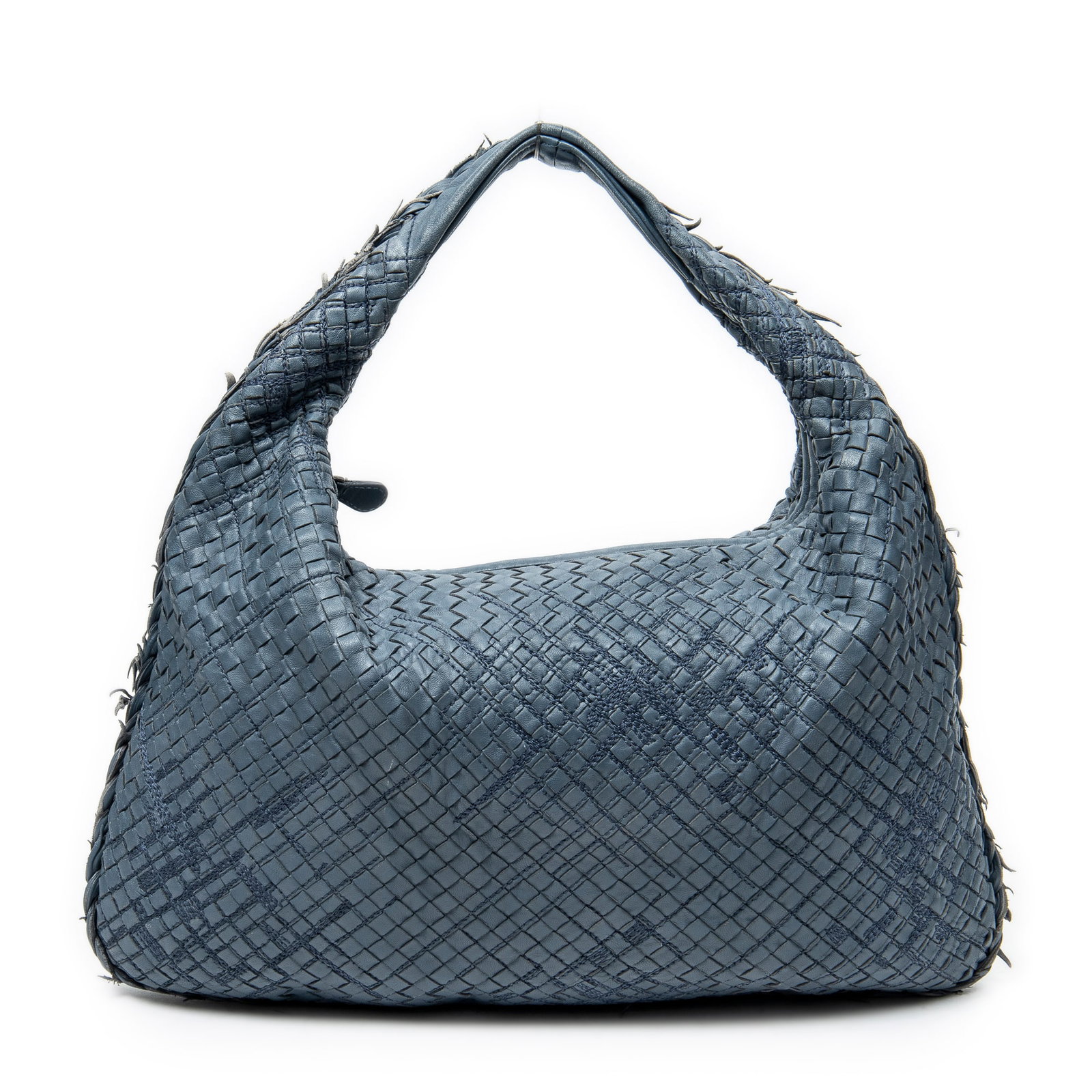 Bottega Veneta Fringe Hobo in Blue Calfskin Leather: Genuine Pre-Owned Bottega Veneta Fringe Hobo in Blue Calfskin Leather made in Italy in AB condition. Date Code is BO1170966I Measurements: 42*27*2cm (Length * Height * Width). This lot includes a cert