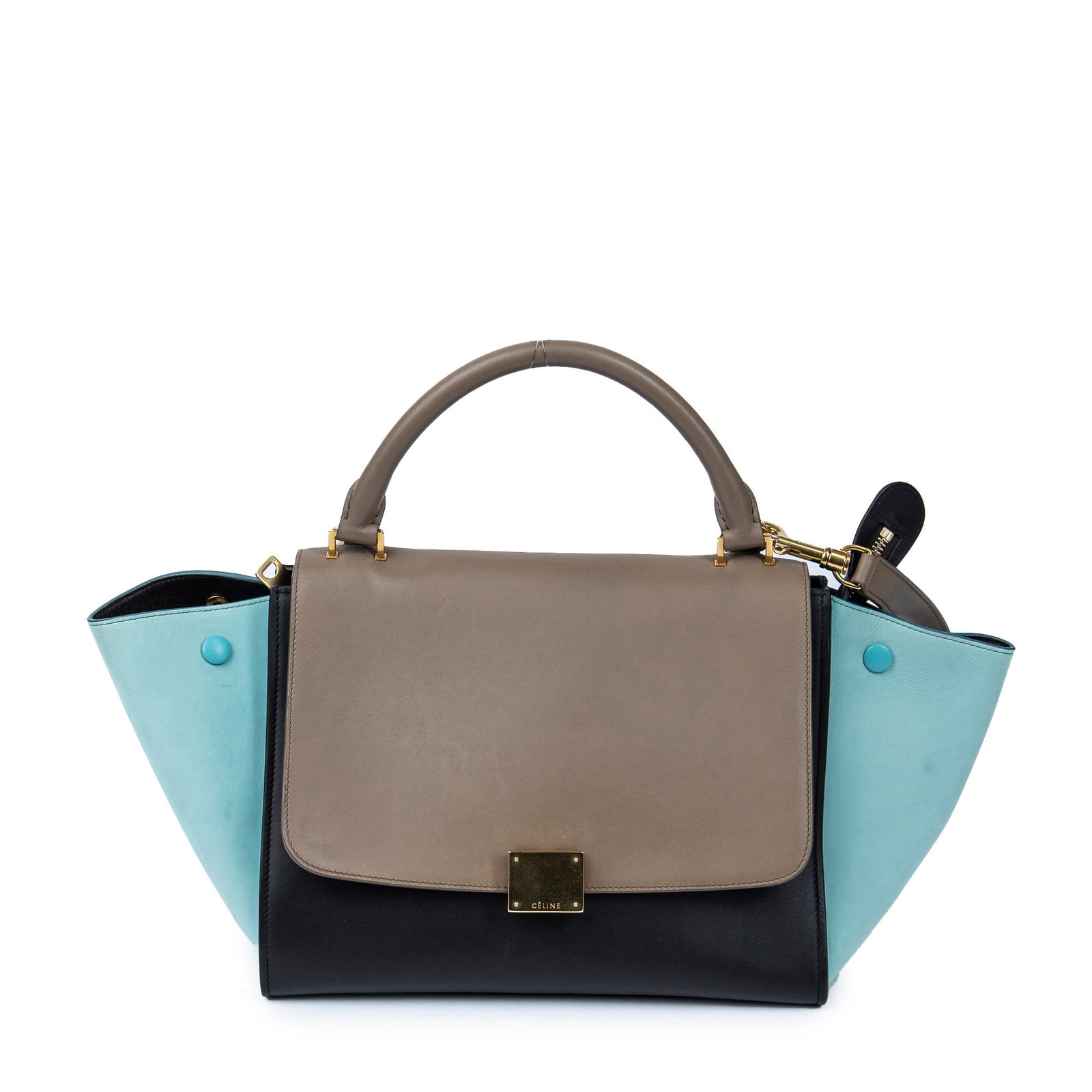 Celine Small Tricolor Trapeze in Calfskin Leather: Genuine Pre-Owned Celine Small Tricolor Trapeze in Brown/Black/Green Calfskin Leather made in France in A condition. Date Code is W-VI-2166 Measurements: 27*21*15cm (Length * Height * Width). This lot