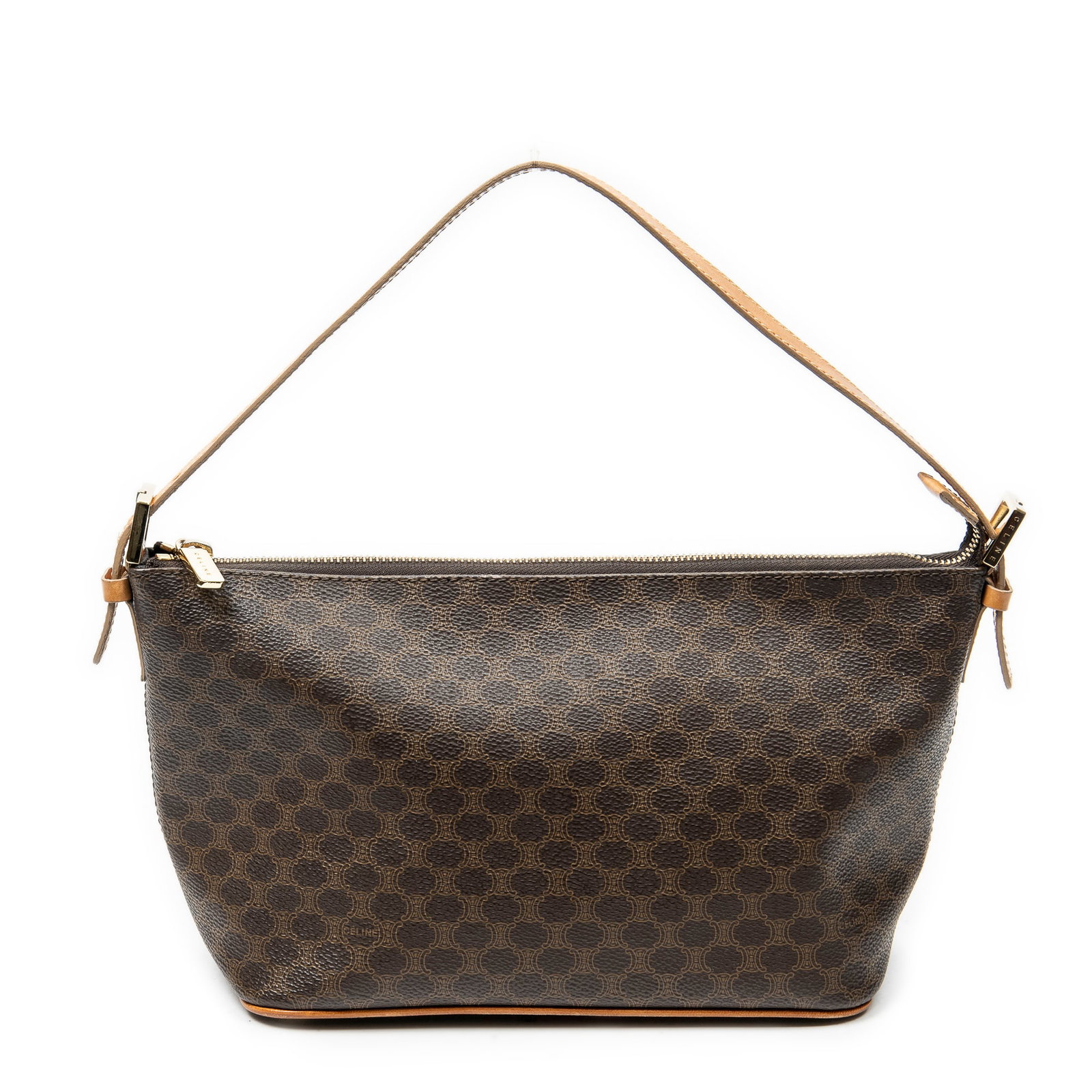 Celine Vintage Zip Hobo in Brown Macadam Coated Canvas: Genuine Pre-Owned Celine Vintage Zip Hobo in Brown Macadam Coated Canvas made in France in A condition. Date Code is CE00/12 Measurements: 22.5*16*11cm (Length * Height * Width). This lot includes a c