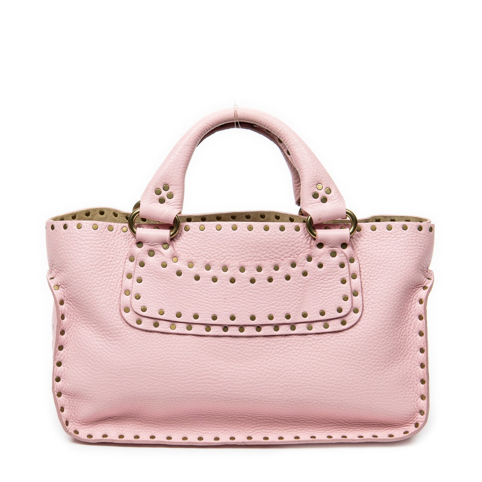 Celine Studded Boogie Bag in Pink Grained Calfskin: Genuine Pre-Owned Celine Studded Boogie Bag in Pink Grained Calfskin Leather made in France in A condition. Date Code is CE00/24 Measurements: 32*20*13cm (Length * Height * Width). This lot includes a