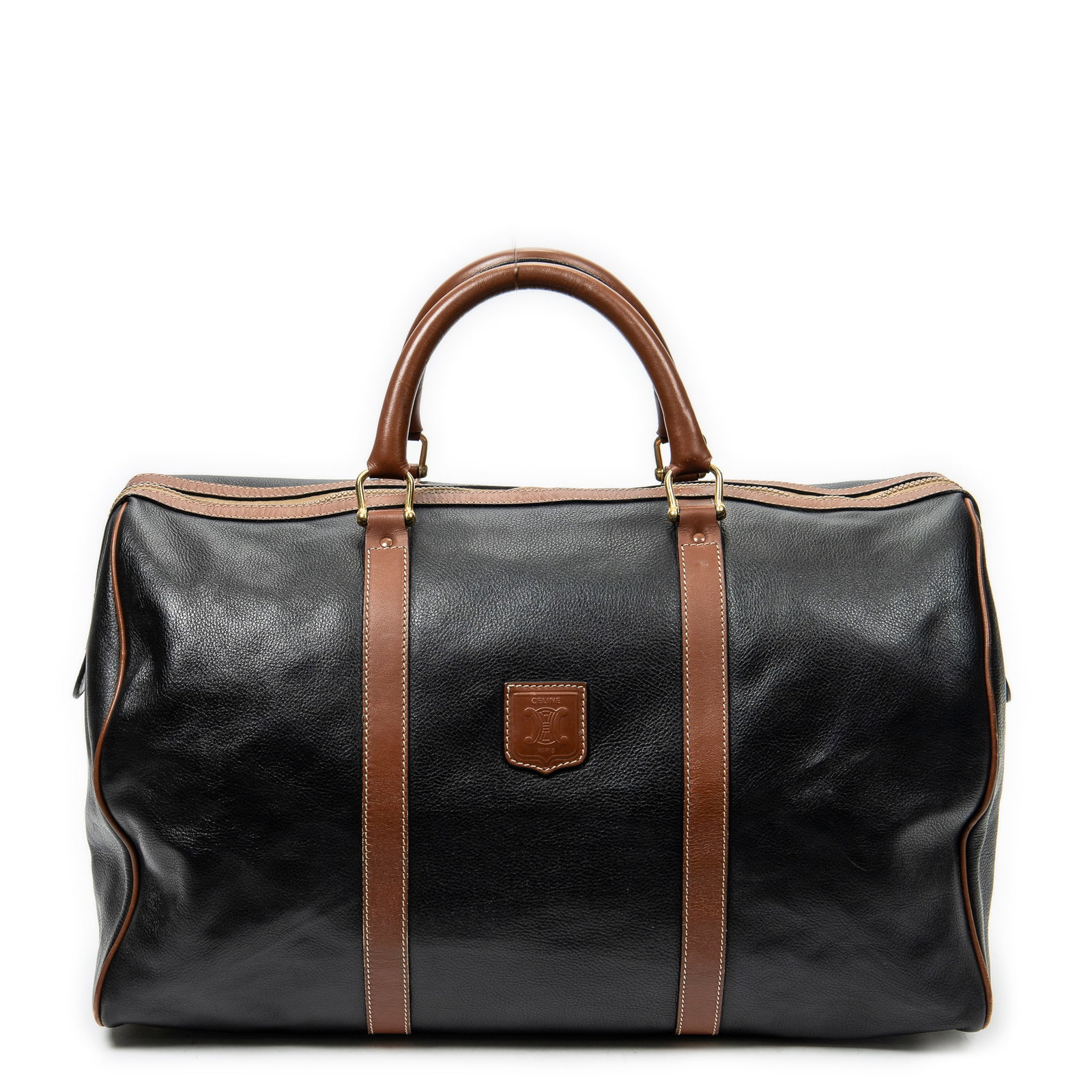 Celine Large Vintage Travel Boston in Calfskin Leather: Genuine Pre-Owned Celine Large Vintage Travel Boston in Black/Brown Grained Calfskin Leather made in France in AB condition. Date Code is M10 Measurements: 50*30*25cm (Length * Height * Width). This l
