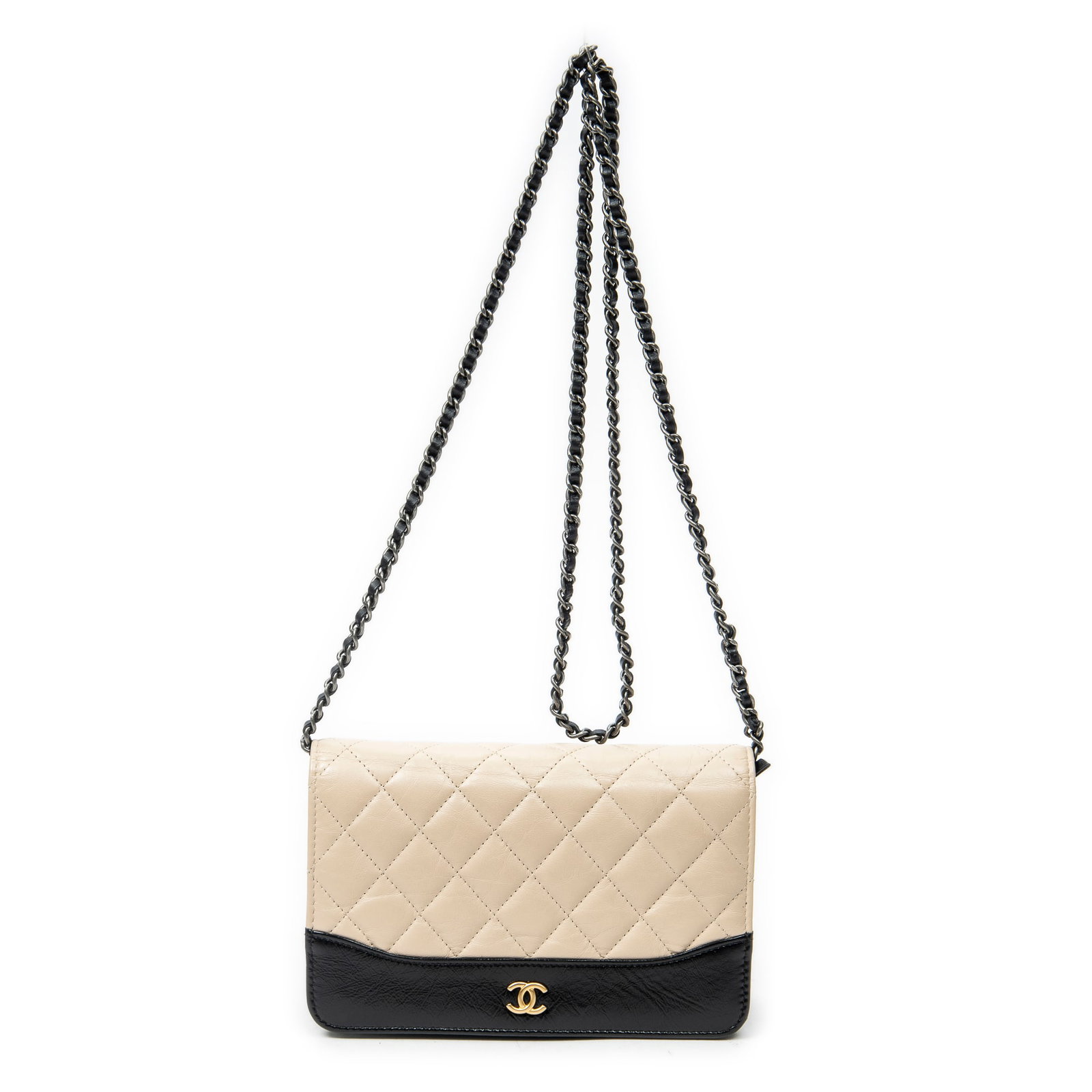 Chanel Gabrielle Wallet on Chain - Aged Calfskin: Genuine Pre-Owned Chanel Gabrielle Wallet on Chain in Beige/Black Quilted Aged Calfskin Leather made in France in A condition. Date Code is 24892718 (2017-2018) Measurements: 19*12*4cm (Length * Heigh