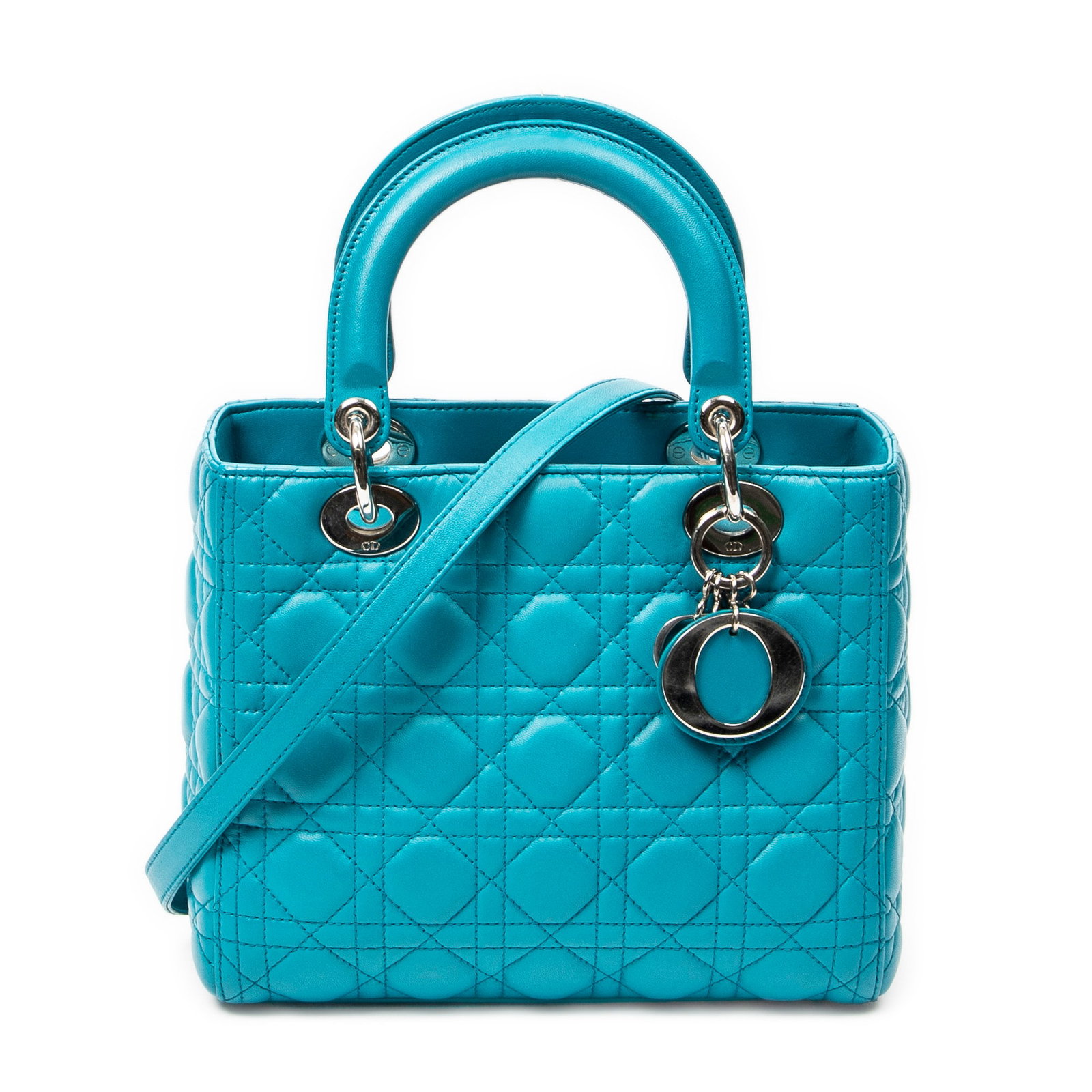 Dior Medium Lady Dior Zip in Teal Cannage Lambskin: Genuine Pre-Owned Dior Medium Lady Dior Zip in Teal Cannage Lambskin Leather made in France in A condition. Date Code is 16-BO-0133 Measurements: 24*20*11cm (Length * Height * Width). This lot include