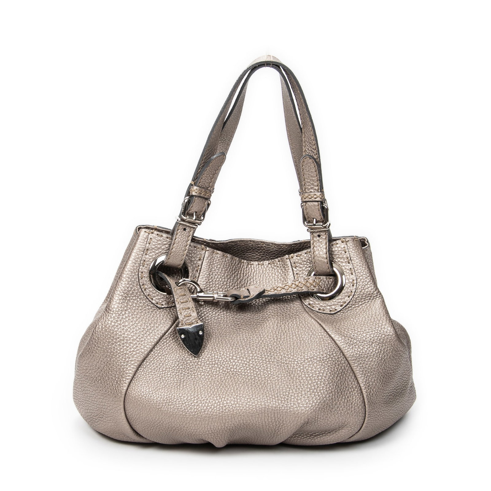 Fendi Pomodorino Tote in Silver Selleria Leather: Genuine Pre-Owned Fendi Pomodorino Tote in Silver Selleria Leather made in Italy in A condition. Date Code is 2454-8BR595-NDU-089 Measurements: 26*27*10cm (Length * Height * Width). This lot includes 