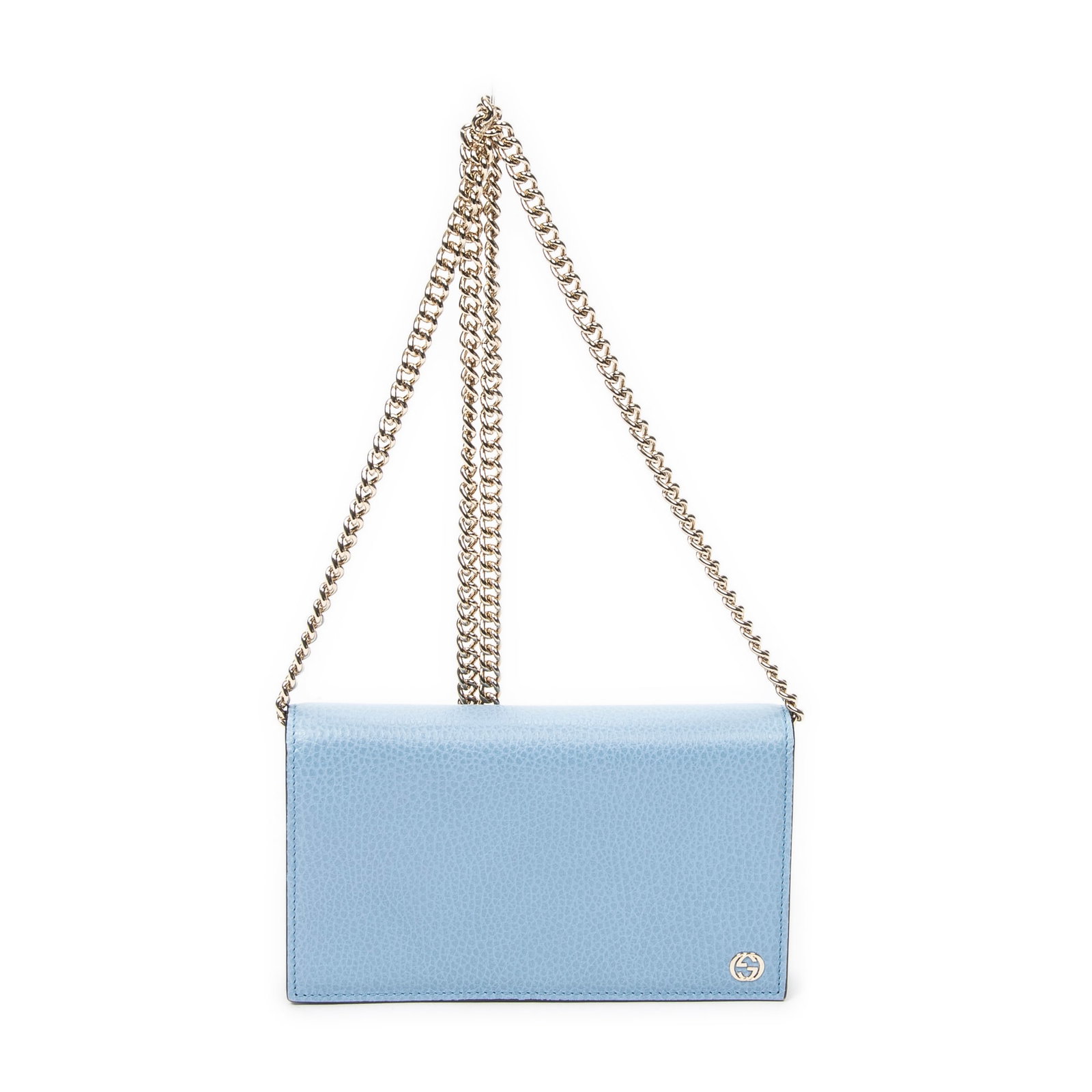 Gucci GG Marmont Wallet on Chain in Blue Calfskin: Genuine Pre-Owned Gucci GG Marmont Wallet on Chain in Blue Grained Calfskin Leather made in Italy in AA condition. Date Code is 466506-1147 Measurements: 19*11*2cm (Length * Height * Width). This lot 