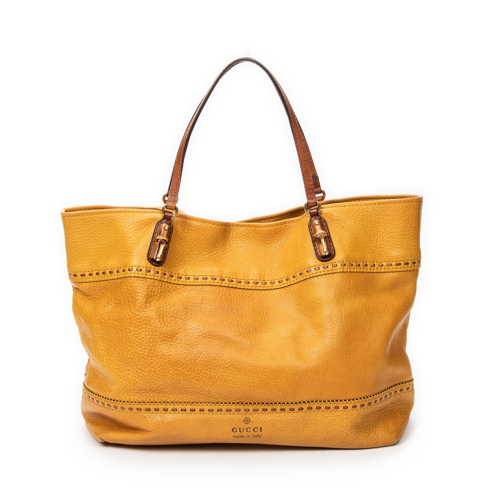 Gucci Medium Laidback Crafty Tote in Yellow Calfskin: Genuine Pre-Owned Gucci Medium Laidback Crafty Tote in Yellow Mustard Grained Calfskin Leather made in Italy in A condition. Date Code is 339000-204991 Measurements: 38*31*15cm (Length * Height * Widt