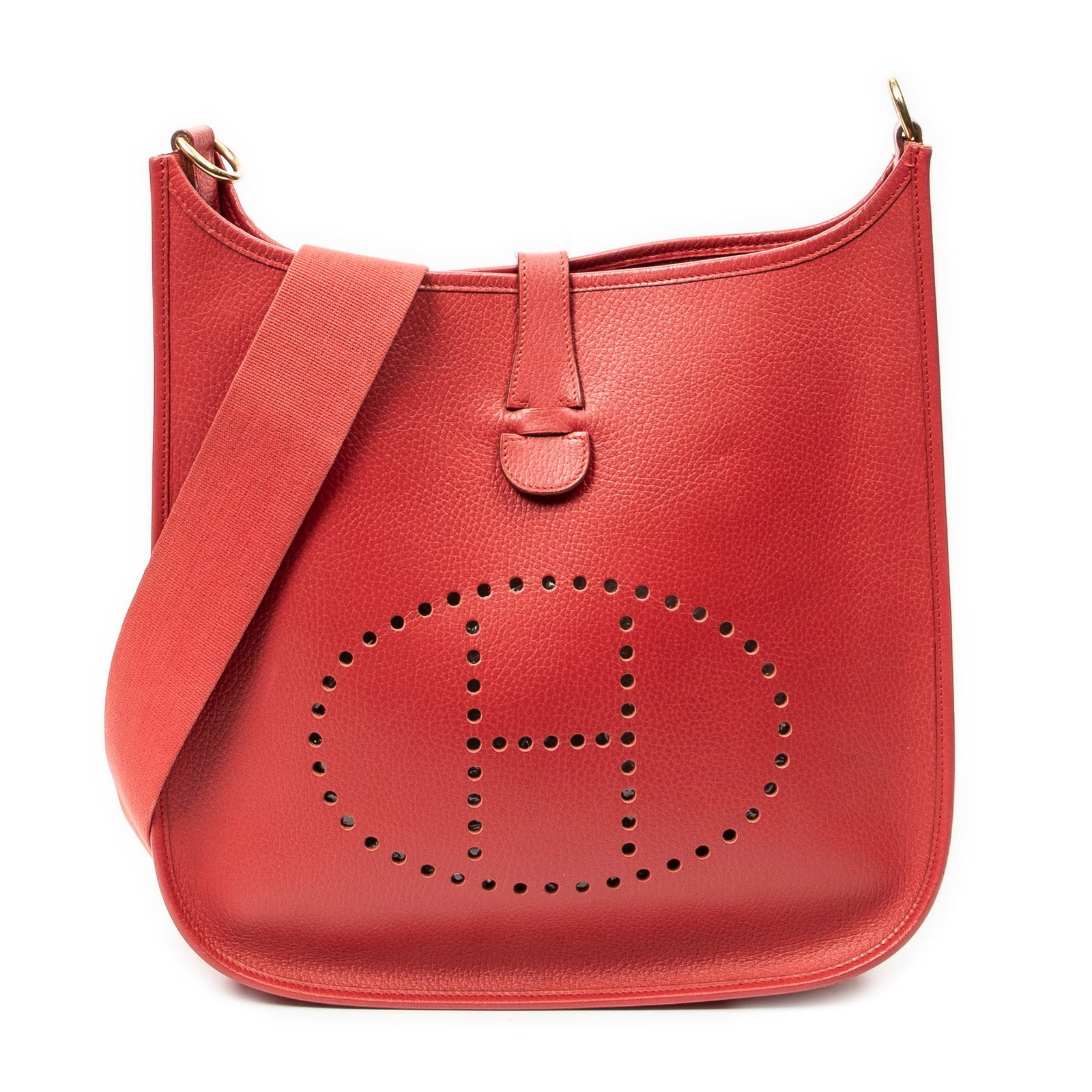 Hermes Evelyne III GM in Red Ardennes Leather: Genuine Pre-Owned Hermes Evelyne III GM in Red Ardennes Leather made in France in A condition. Date Code is Stamp Z in Circle (1996) Measurements: 33*31*8cm (Length * Height * Width). This lot include