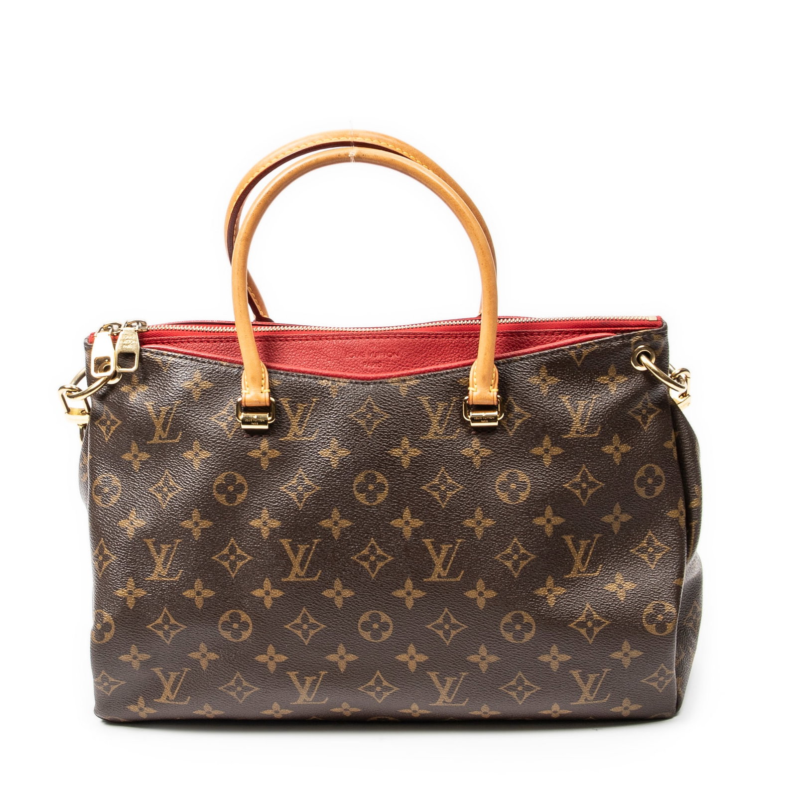 Louis Vuitton Pallas in Red/Brown Monogram Canvas: Genuine Pre-Owned Louis Vuitton Pallas in Red/Brown Monogram Canvas made in France in AB condition. Date Code is CA1155 (15th week of 2015) Measurements: 35*25*13cm (Length * Height * Width). This lot