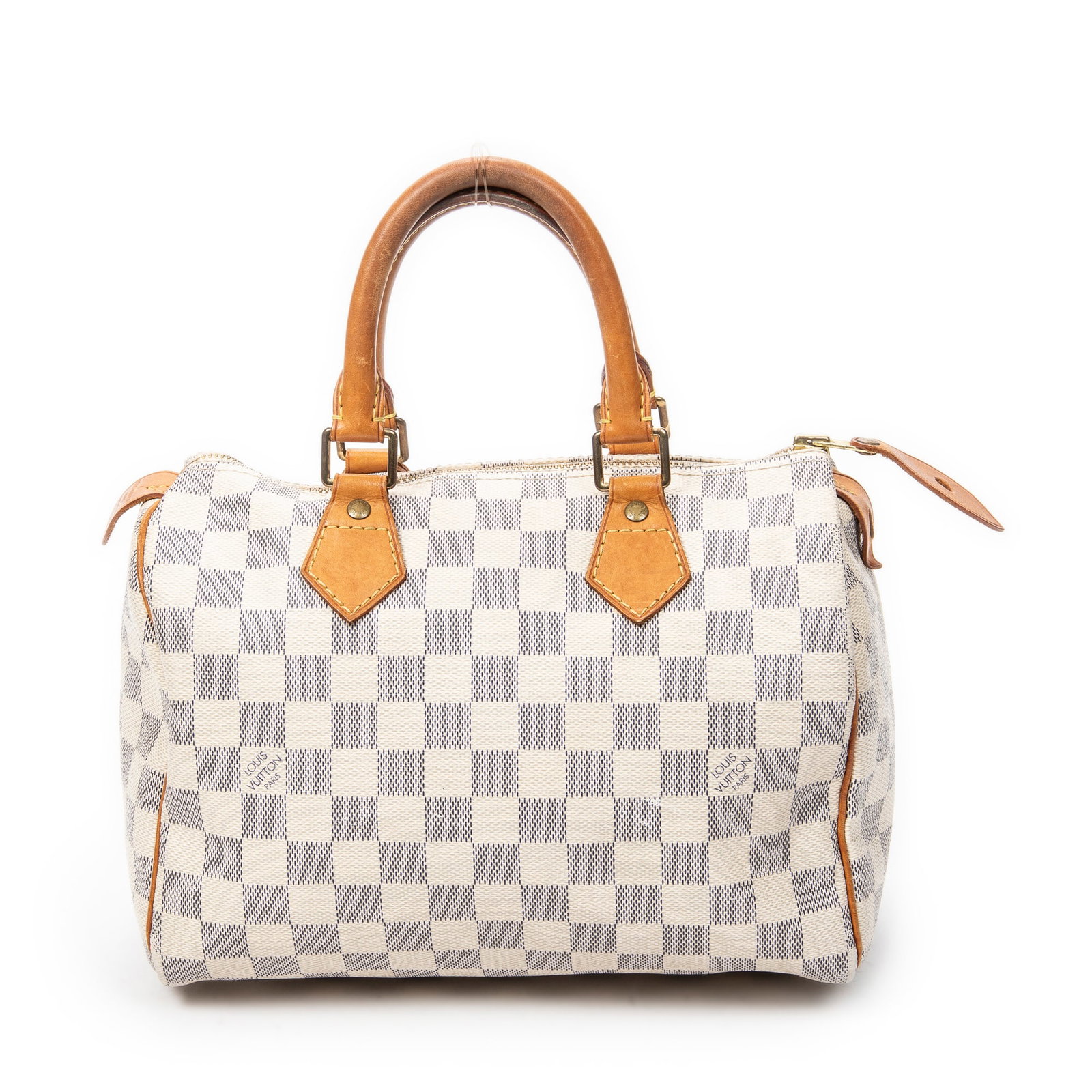 Louis Vuitton Speedy 25 in Ivory Damier Azur: Genuine Pre-Owned Louis Vuitton Speedy 25 in Ivory Damier Azur made in France in AB condition. Date Code is MB5007 (50th Week of 2007) Measurements: 25*19*14cm (Length * Height * Width). This lot incl