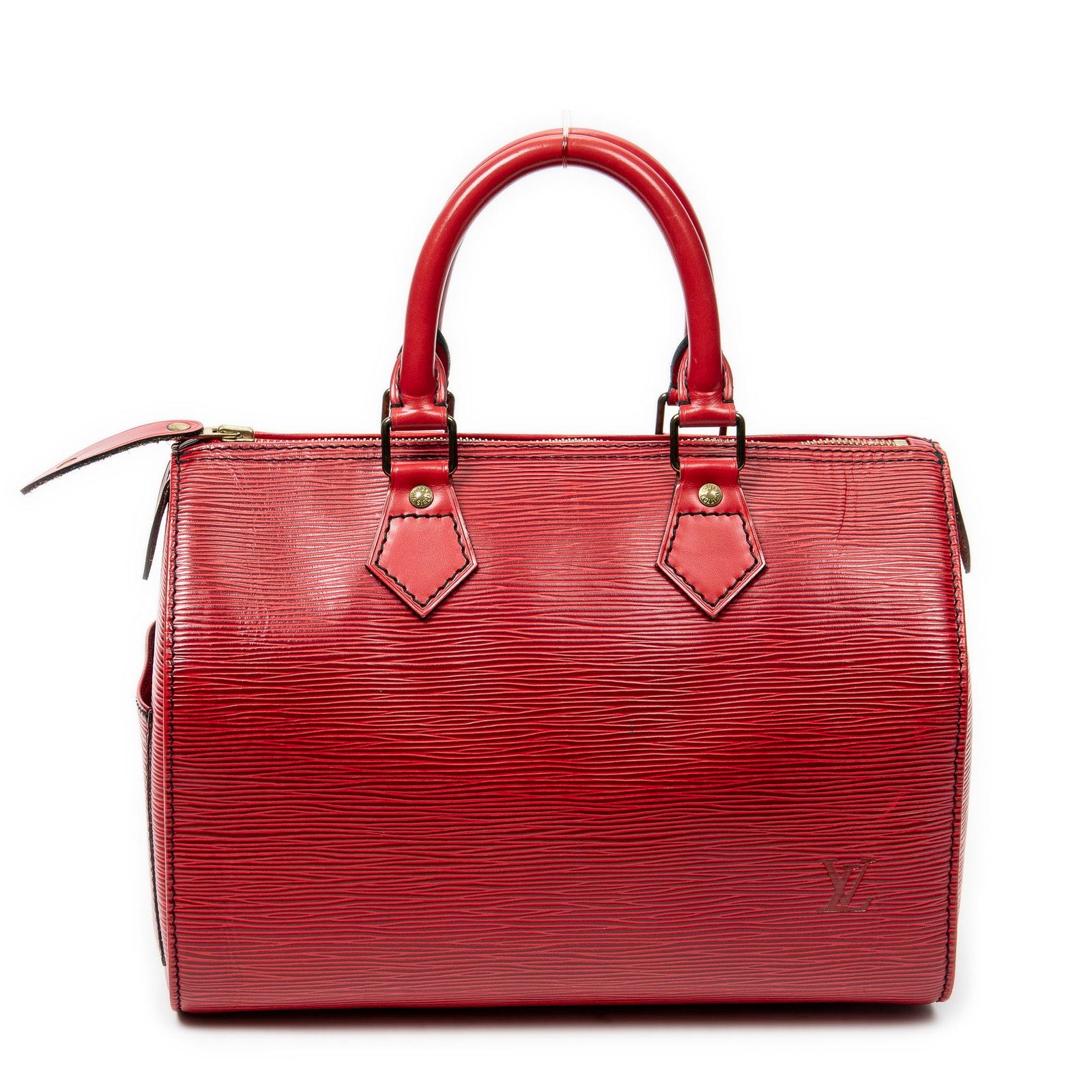 Louis Vuitton Speedy Black Stitching 25 in Red Epi: Genuine Pre-Owned Louis Vuitton Speedy Black Stitching 25 in Red Epi made in France in AB condition. Date Code is VI0970 (Jul 1997) Measurements: 27*19*15cm (Length * Height * Width). This lot include