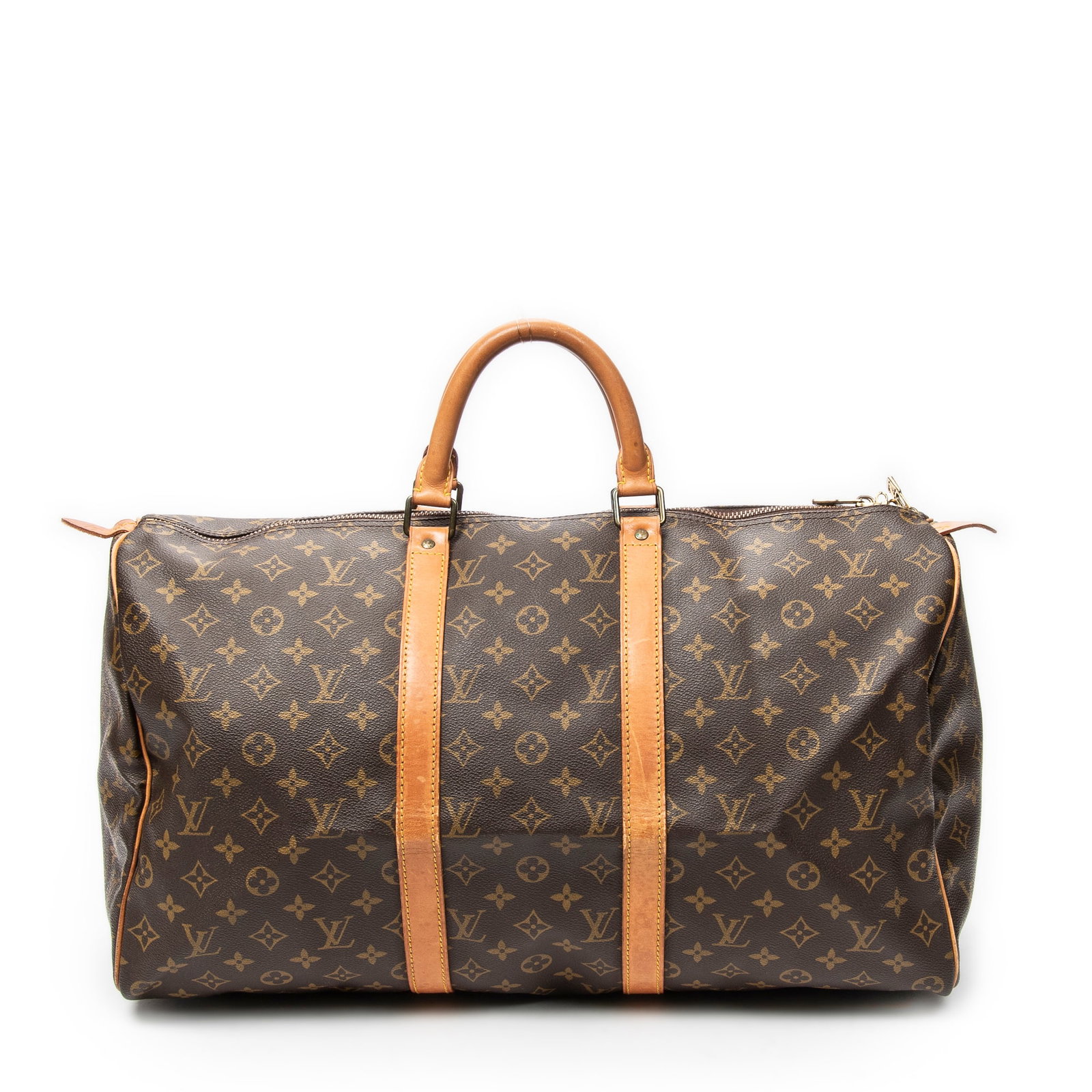 Louis Vuitton Keepall 50 in Brown Monogram Canvas: Genuine Pre-Owned Louis Vuitton Keepall 50 in Brown Monogram Canvas made in France in AB condition. Date Code is VI864 (Apr 1986) Measurements: 50*27*22cm (Length * Height * Width). This lot includes 