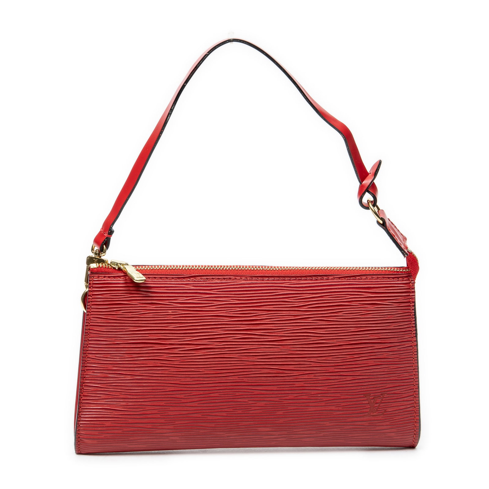 Louis Vuitton Pochette Accessoires 21 in Red Epi: Genuine Pre-Owned Louis Vuitton Pochette Accessoires 21 in Red Epi made in France in A condition. Date Code is AR0010 (January 2000) Measurements: 21*13*3cm (Length * Height * Width). This lot include