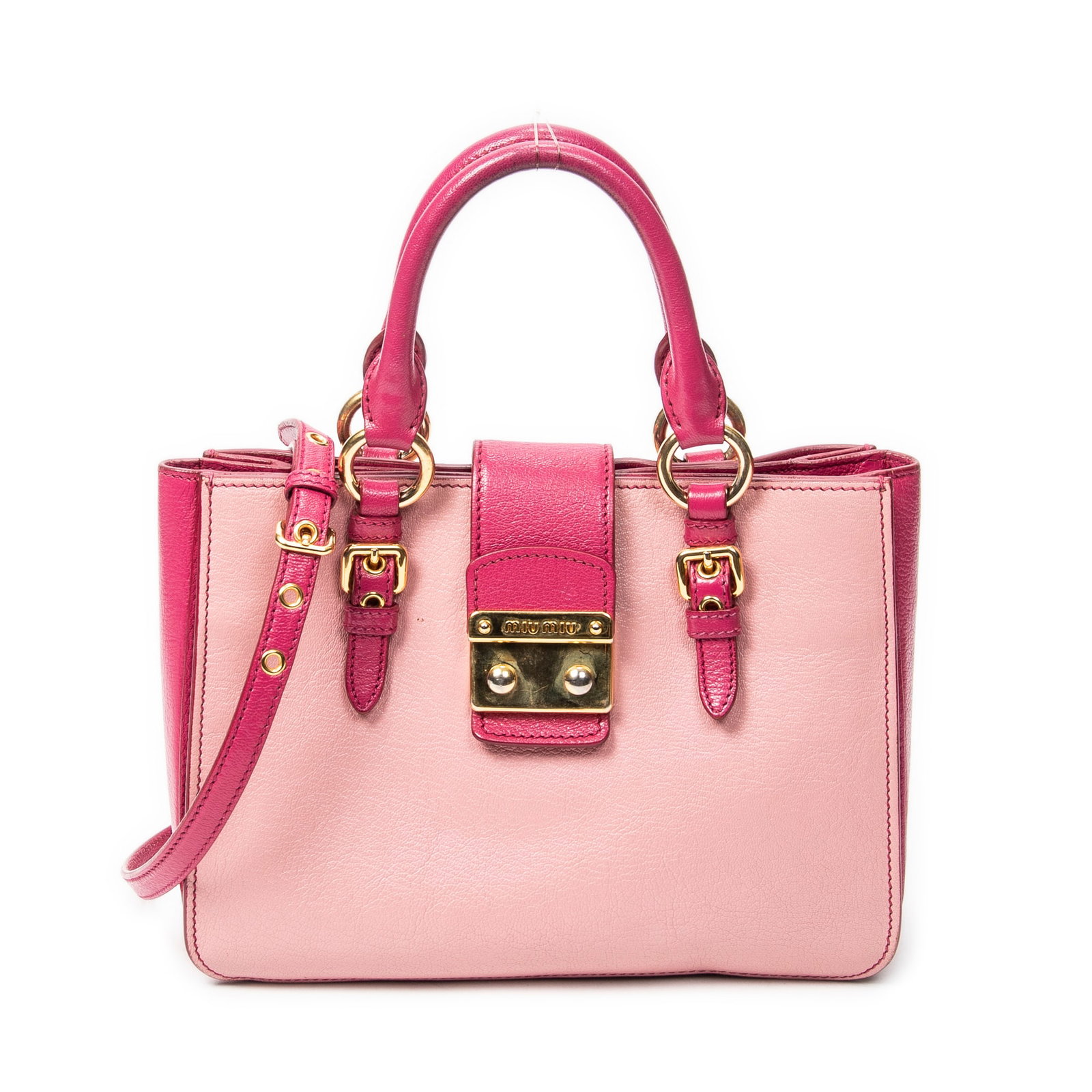 Miu Miu Bicolor Pushlock Tote in Madras Leather: Genuine Pre-Owned Miu Miu Bicolor Pushlock Tote in Pink/Fuchsia Madras Leather made in Italy in AB condition. Date Code is 180 Measurements: 27.5*20*11cm (Length * Height * Width). This lot includes a