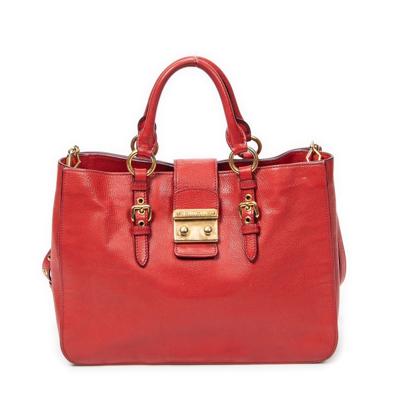 Miu Miu Pushlock Executive Tote in Red Madras Leather: Genuine Pre-Owned Miu Miu Pushlock Executive Tote in Red Madras Leather made in Italy in AB condition. Date Code is 122 Measurements: 34*25*10cm (Length * Height * Width). This lot includes a certific
