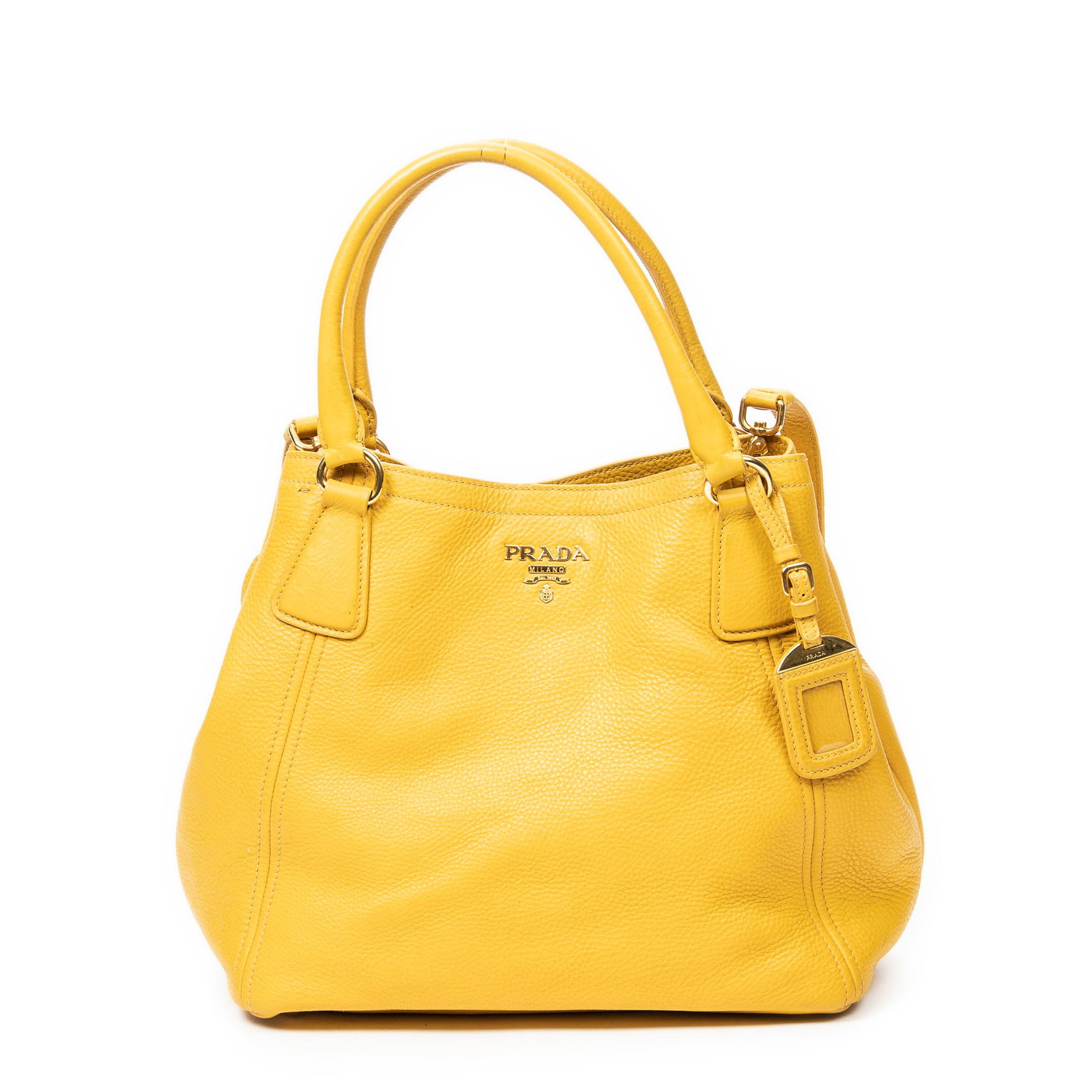Prada Open Shopping Tote in Vitello Daino Leather: Genuine Pre-Owned Prada Open Shopping Tote in Yellow Vitello Daino Leather made in Italy in A condition. Date Code is BN2534 Measurements: 30*26*17cm (Length * Height * Width). This lot includes a cer