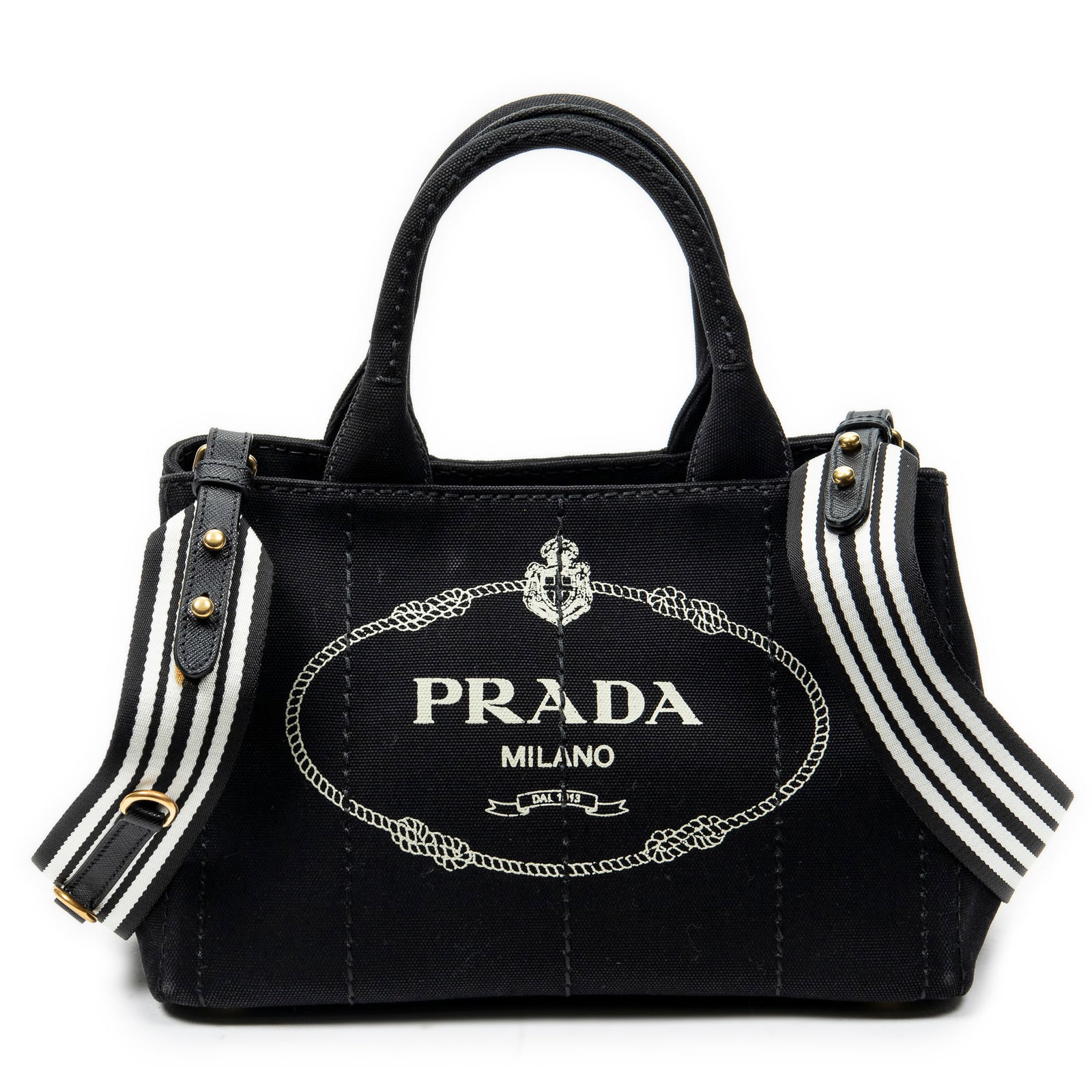 Prada Small Canapa Tote in Black Canapa Canvas: Genuine Pre-Owned Prada Small Canapa Tote in Black Canapa Canvas made in Italy in A condition. Date Code is 1BG439 Measurements: 28*18*15cm (Length * Height * Width). This lot includes a certificate o
