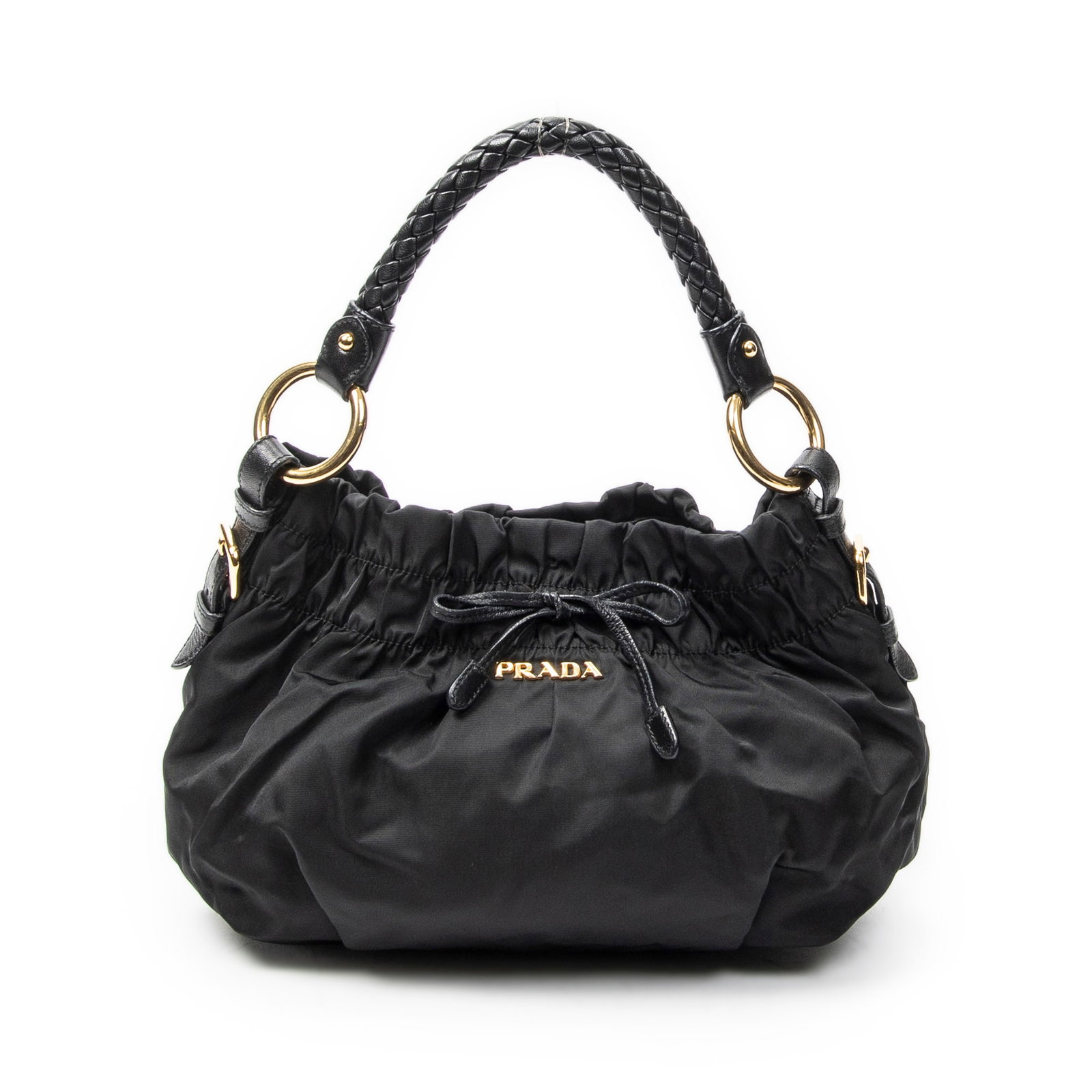 Prada Pleated Bow Hobo in Black Nylon Canvas: Genuine Pre-Owned Prada Pleated Bow Hobo in Black Nylon Canvas made in Italy in A condition. Date Code is 180 Measurements: 31*20*15cm (Length * Height * Width). This lot includes a certificate of aut