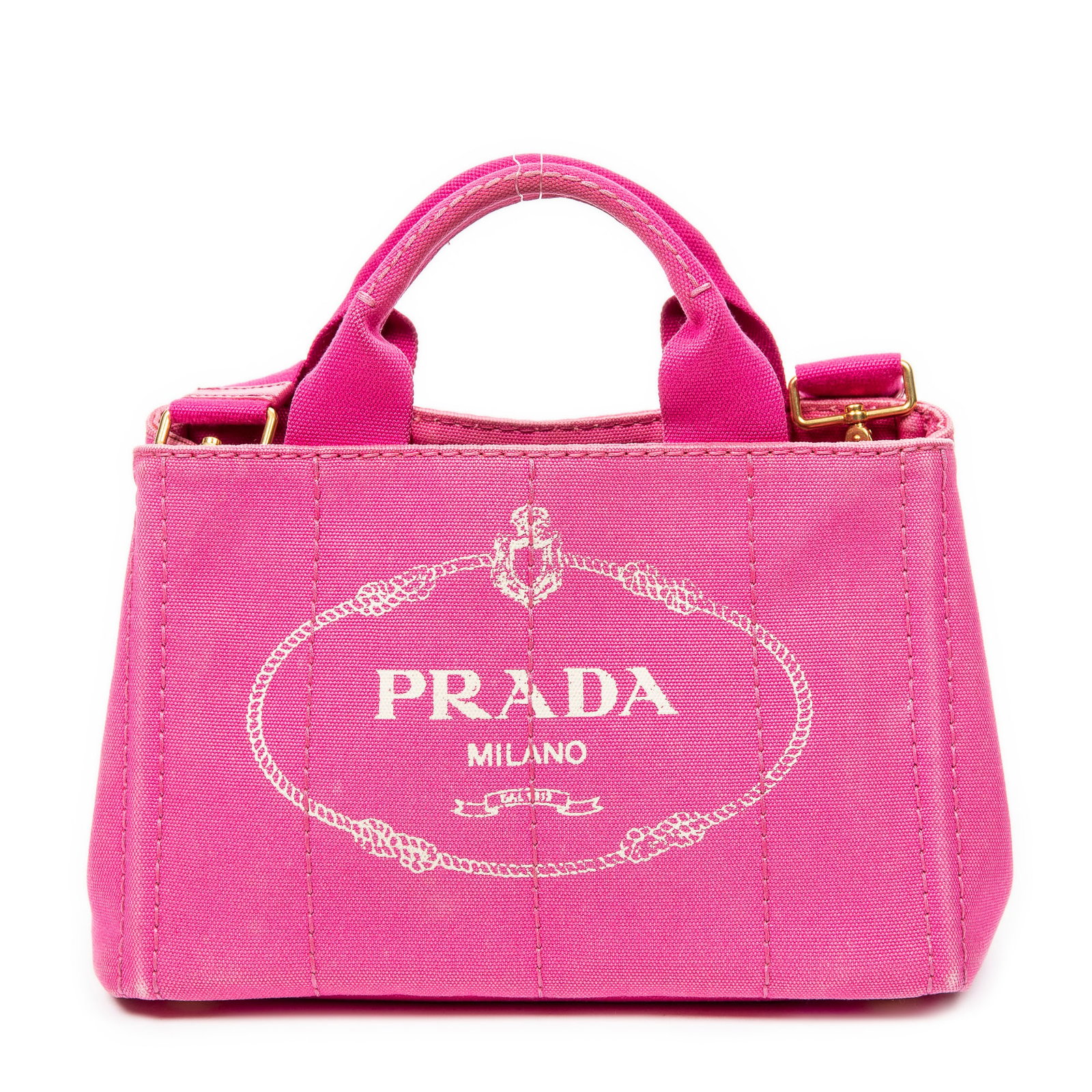 Prada Small Canapa Tote in Fuchsia Pink Canapa Canvas: Genuine Pre-Owned Prada Small Canapa Tote in Fuchsia Pink Canapa Canvas made in Italy in AB condition. Date Code is B2439G Measurements: 28*18*15cm (Length * Height * Width). This lot includes a certi