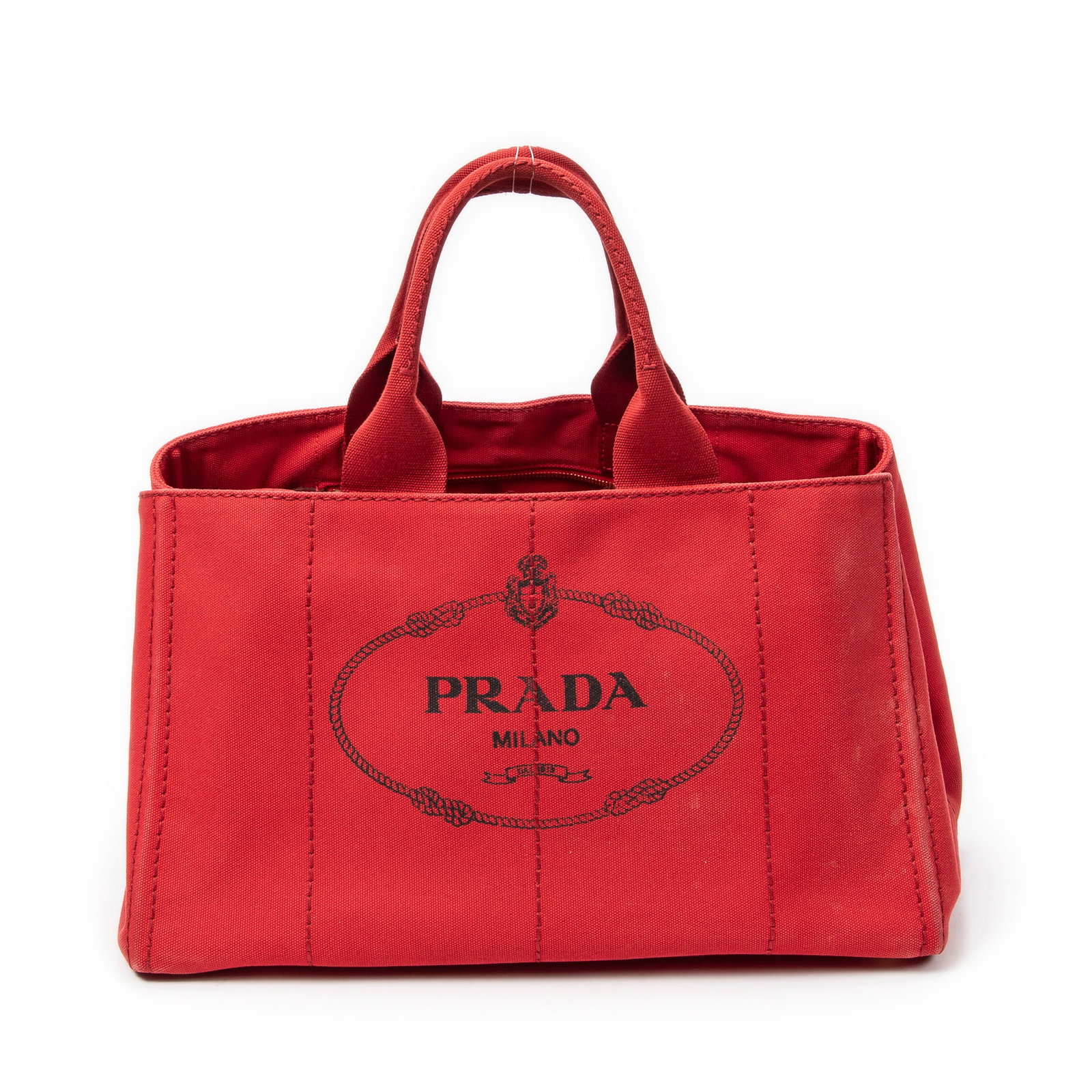 Prada Large Canapa Tote in Red Canapa Canvas: Genuine Pre-Owned Prada Large Canapa Tote in Red Canapa Canvas made in Italy in AB condition. Date Code is BN1872 Measurements: 40*24*25cm (Length * Height * Width). This lot includes a certificate of