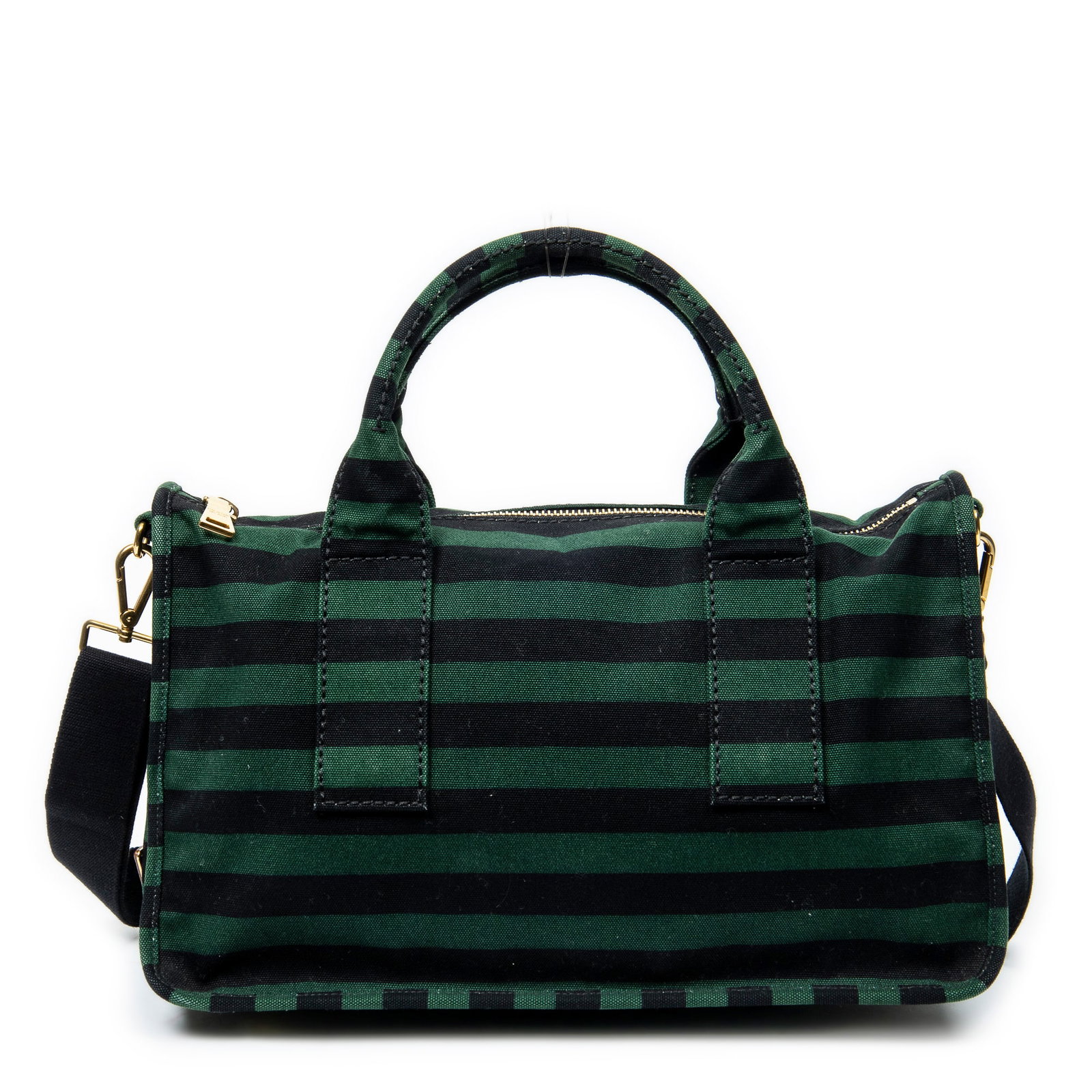 Prada Canapa Righe Stripe Tote in Green/Black Canvas: Genuine Pre-Owned Prada Canapa Righe Stripe Tote in Green/Black Striped Canvas made in Italy in A condition. Date Code is 25 Measurements: 40*24*25cm (Length * Height * Width). This lot includes a cer