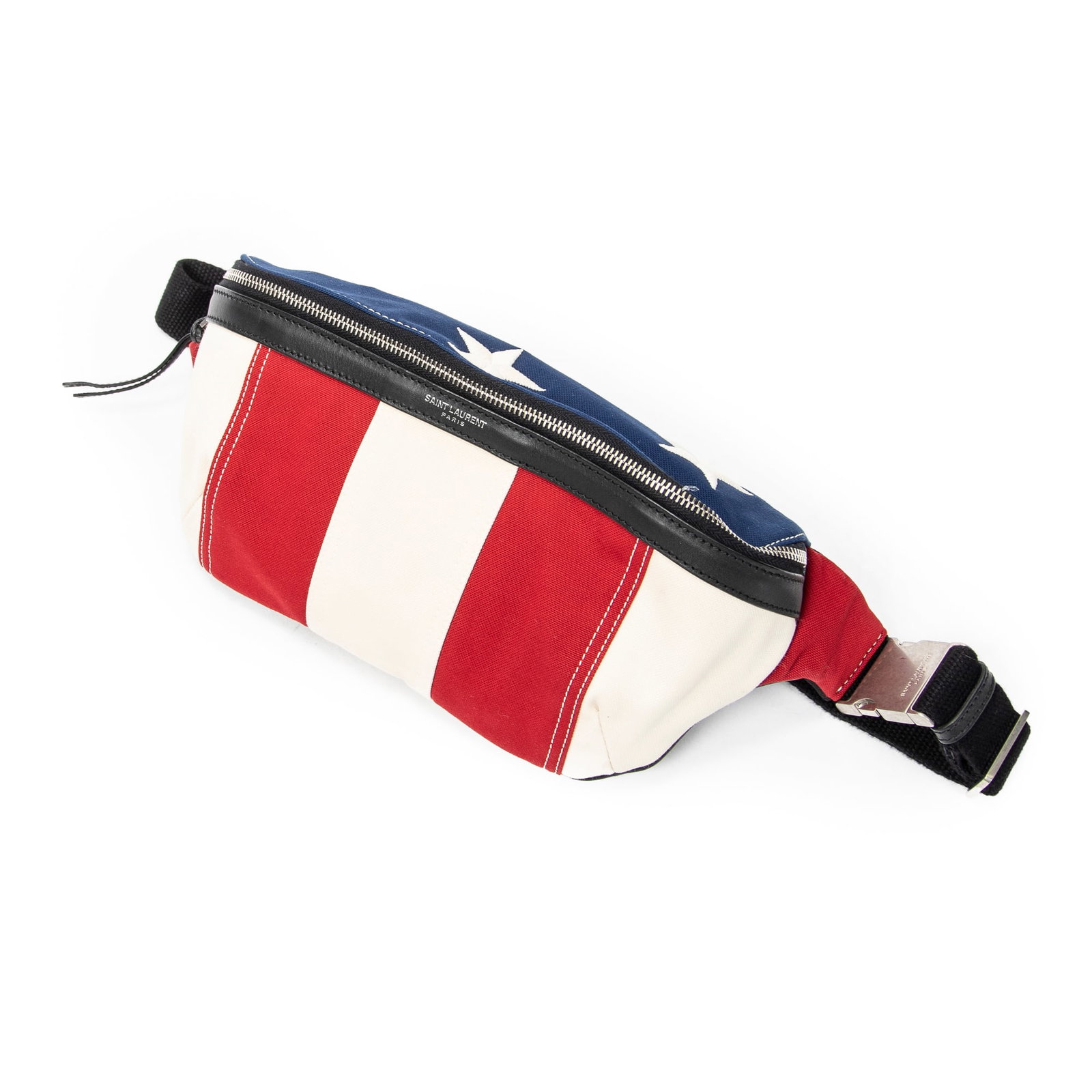 Yves Saint Laurent American Flag Waist Pouch: Genuine Pre-Owned Yves Saint Laurent American Flag Waist Pouch in Red/Ivory/Blue Striped Canvas made in France in AA condition. Date Code is FLY557831-1013 Measurements: 18*12*8cm (Length * Height * W