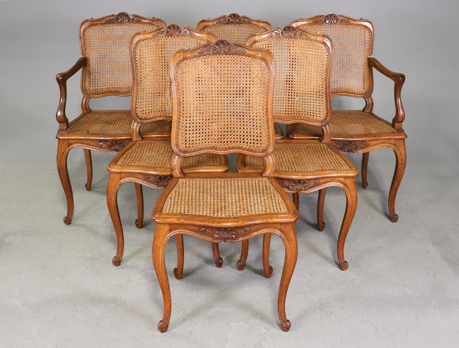 Louis XV Style Set of 6 Caned Seat Dining Chairs: French Louis XV Style Set of 6 Caned Seat Dining Chairs - this set consist of 2 arm chairs and 4 side chairs - 38 in tall x 23 x 19, seat height is 18, side chairs are 38 in tall x 19.5 x 17, seat hei