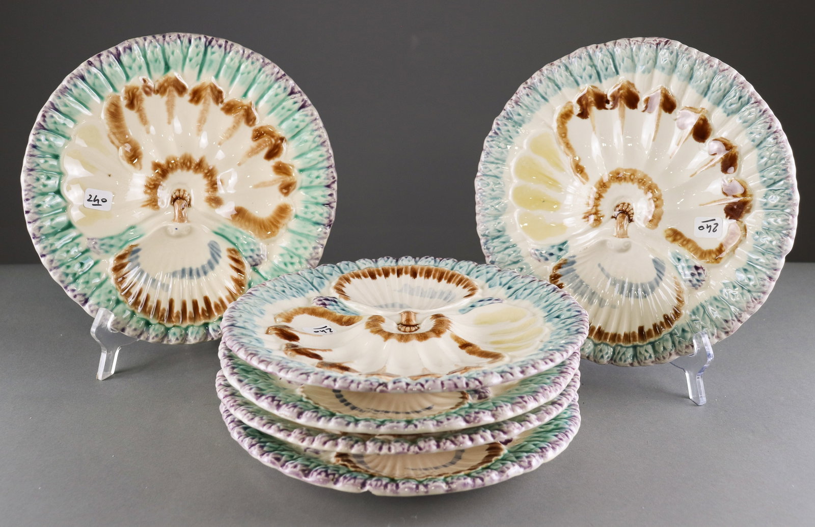 French Set of 6 Majolica Asparagus Plates: French Set of 6 Majolica Asparagus Plates - 1.25 in tall x 10 in diameter