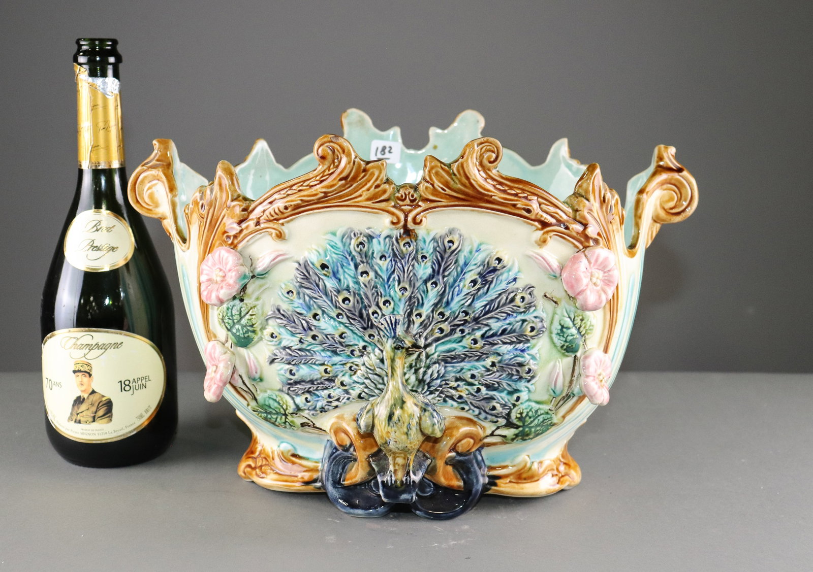 Onnaing Majolica Planter / Jardiniere - Peacock Motif: Onnaing Majolica Planter / Jardiniere - Peacock Motif - 9.5 in tall x 15 x 12