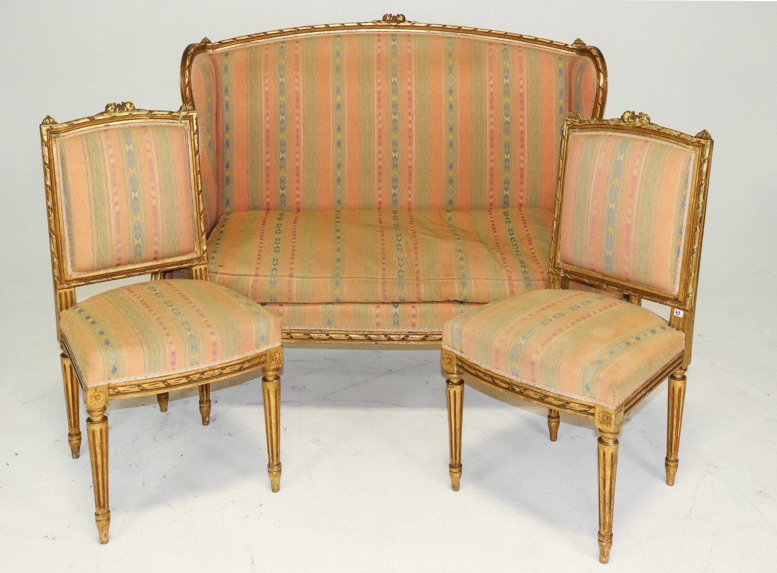 Louis XVI Style Gilded Upholstered Sofa & 2 Side Chairs (1 of 9)