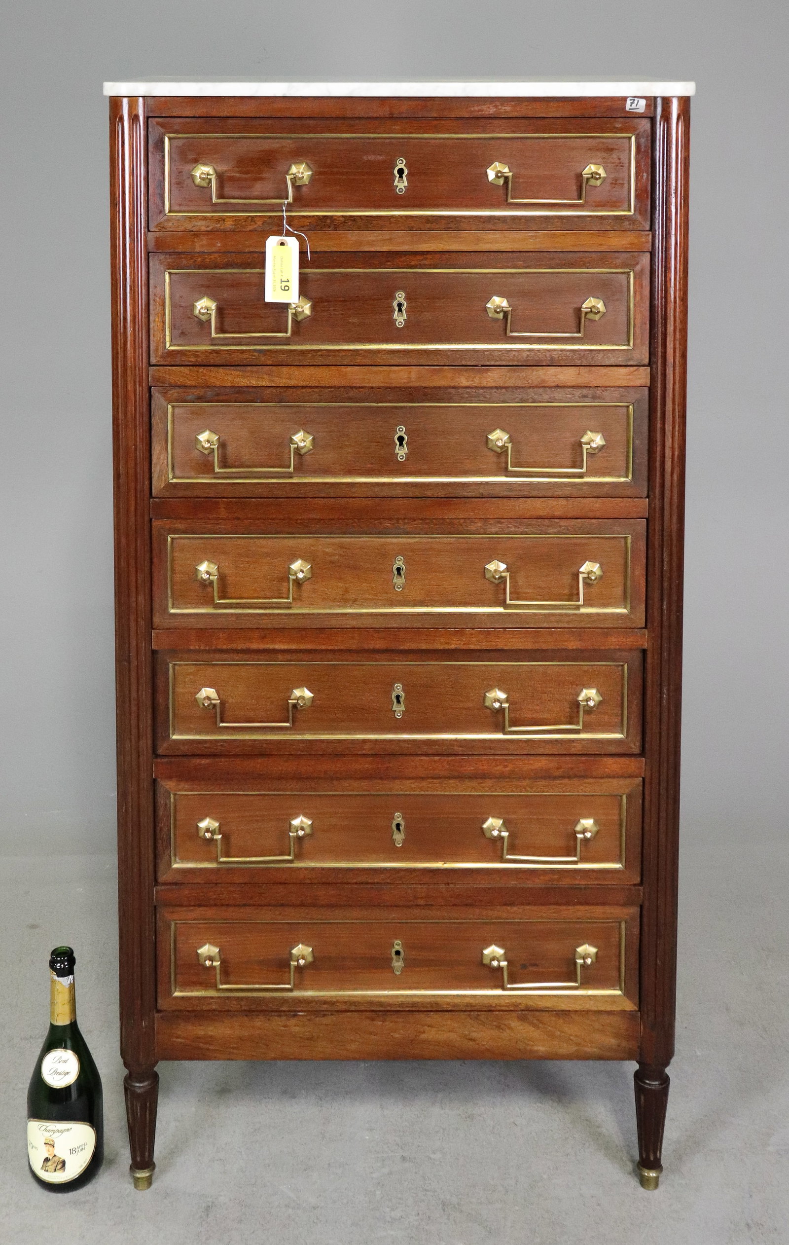 Louis XVI Style White Marble Top Semainier / Chest: French Louis XVI Style White Marble Top Semainier / Chest - 55.75 in tall x 27.75 x 15
