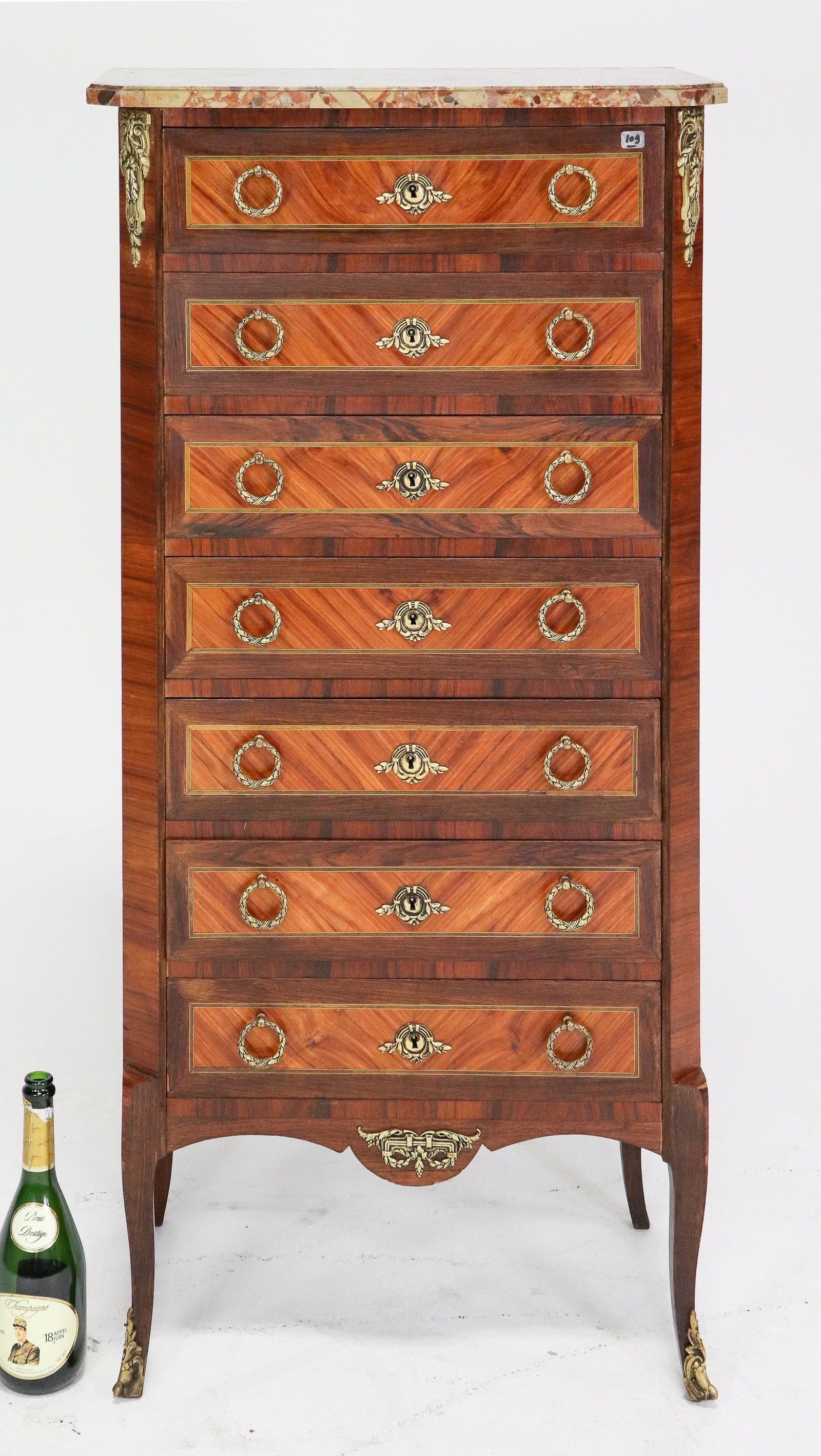 Louis XV Style Marble Top Walnut Semainier / Chest: French Louis XV Style Marble Top Walnut Semainier / Chest - 50.75 in tall x 24.5 x 14