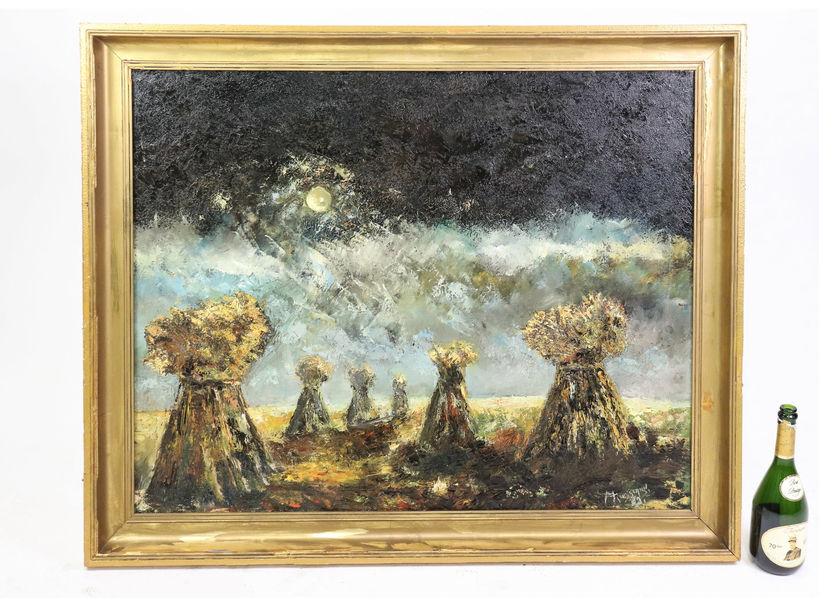 Belgian Expressionist Oil Painting - M. Rousseau "Harvest by Moonlight.": Belgian expressionist oil on canvas titled "Oogst bij Maanlicht" (Harvest by Moonlight), depicting a dramatic nocturnal harvest landscape with haystacks beneath a luminous moon. Executed with heavy im