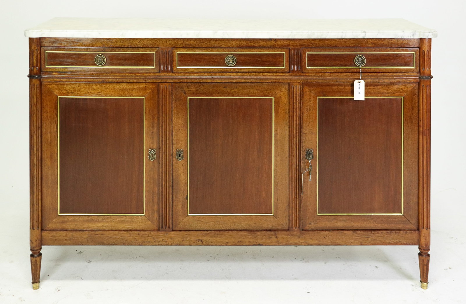 Louis XVI Style White Marble Top 3 Door Sideboard: French Louis XVI Style White Marble Top 3 Door Sideboard / Enfilade - 41 in tall x 64 x 18.5